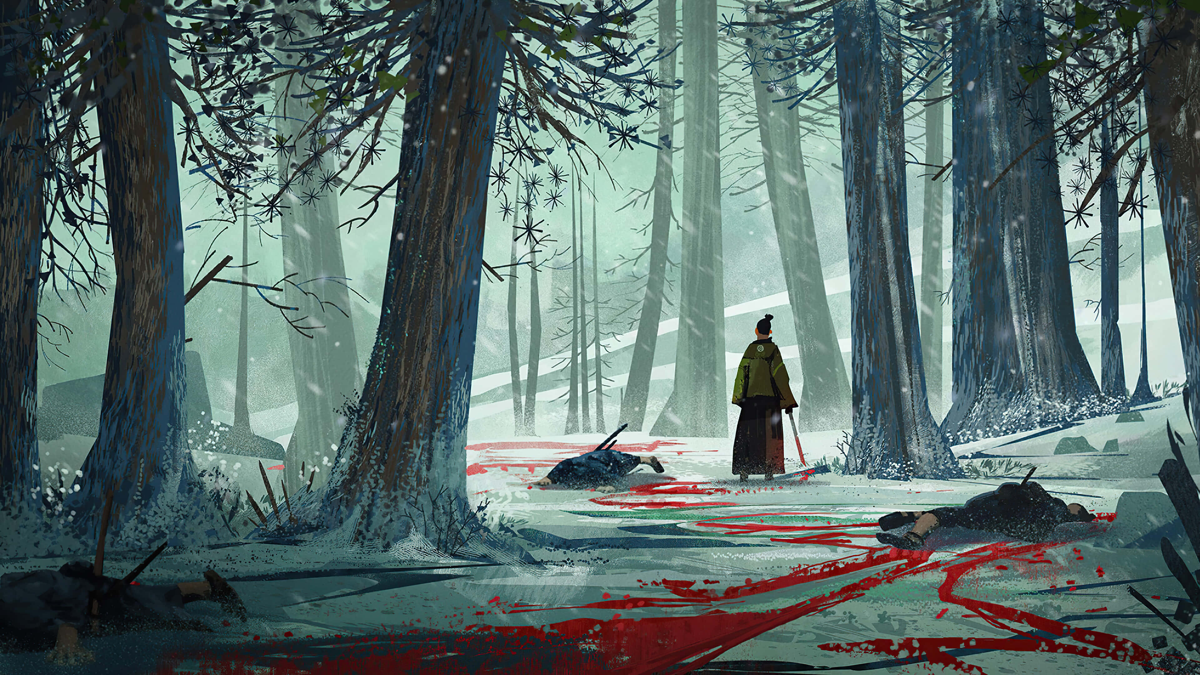 samurai, snowy forest, bodies, 4K Desktop Wallpaper