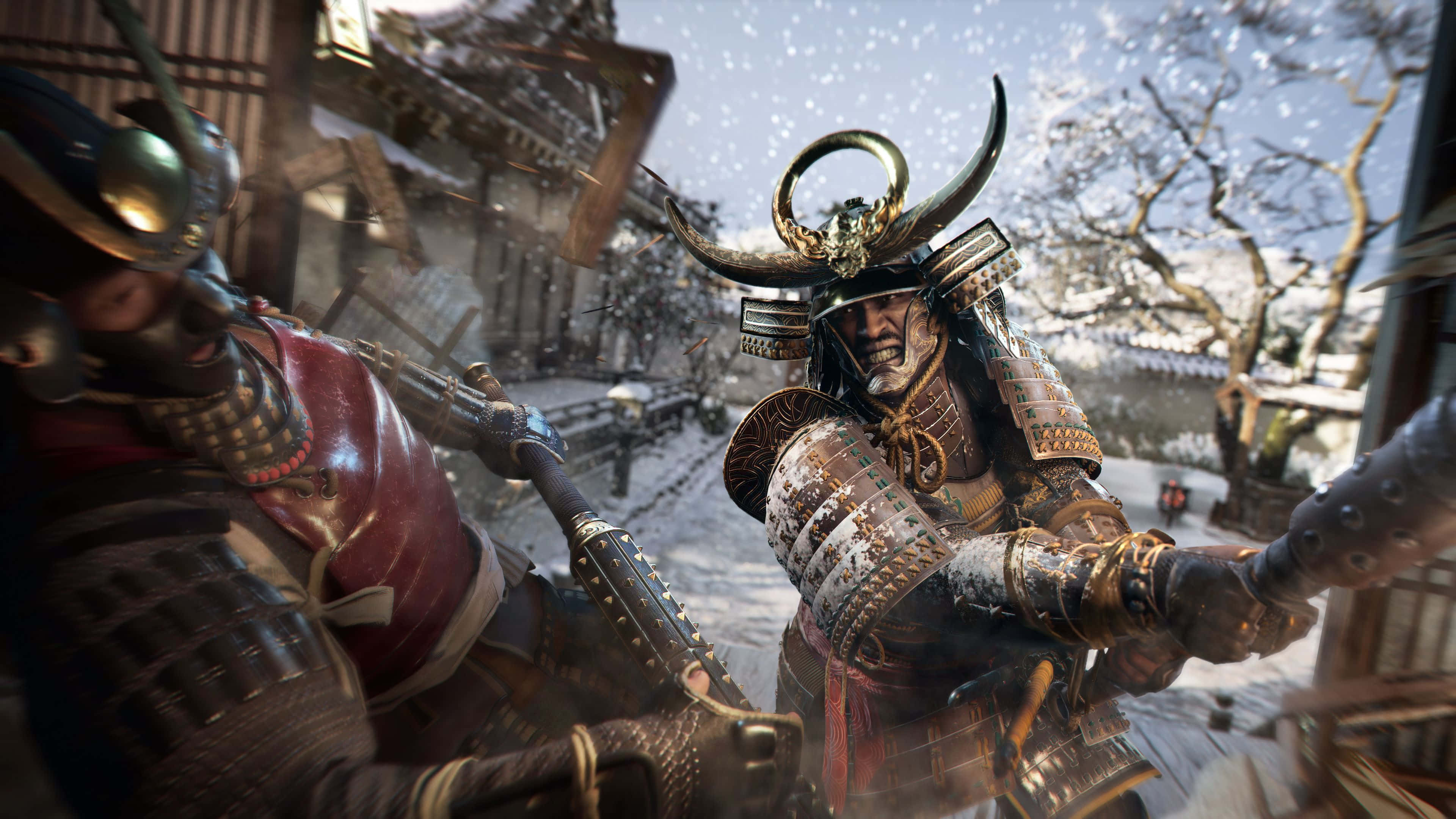 samurai, ornate armor, snowy Japanese village street, 4K Desktop Wallpaper