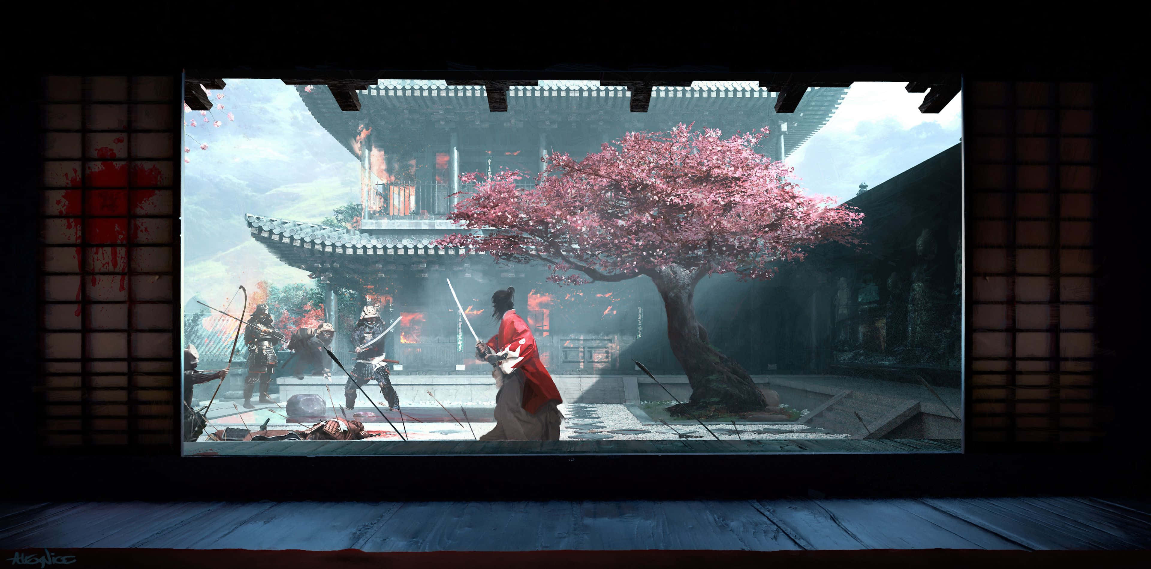 samurai battle, cherry blossom, red samurai, 4K Desktop Wallpaper