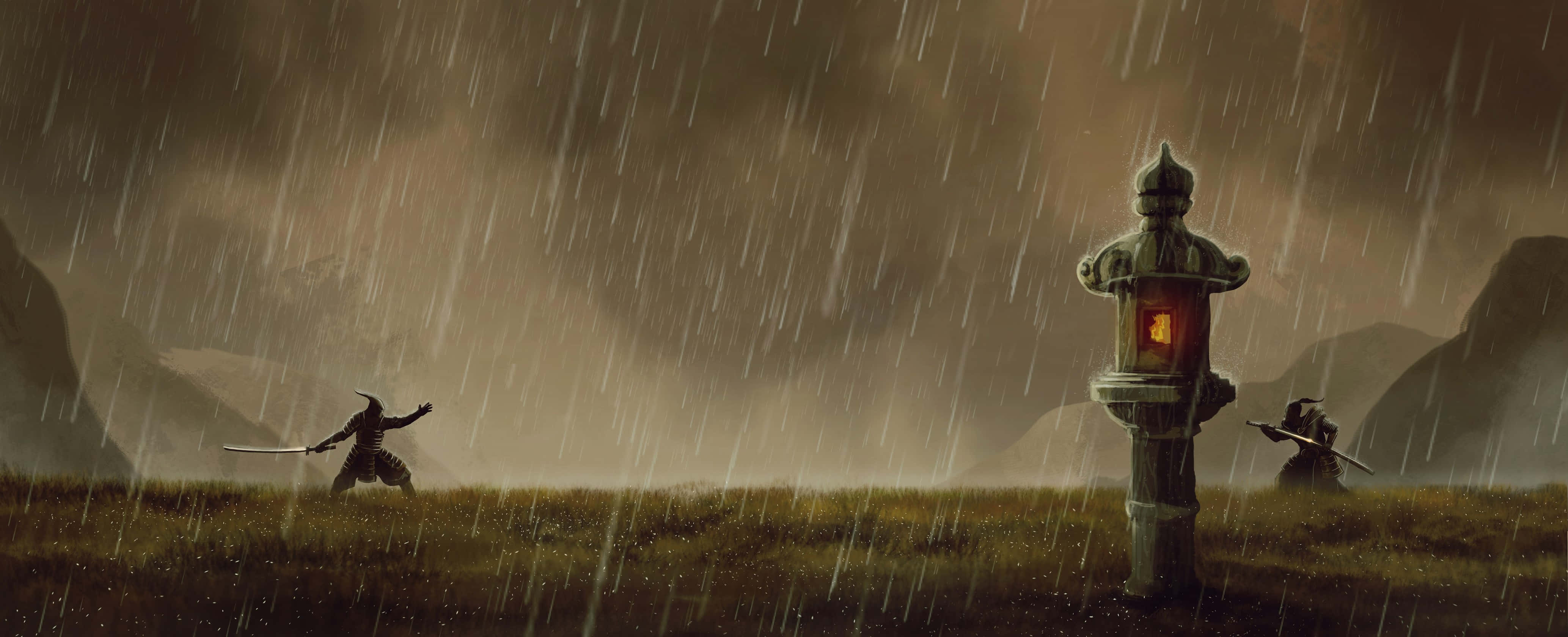 samurai, rainstorm, glowing stone lantern, 4K Desktop Wallpaper
