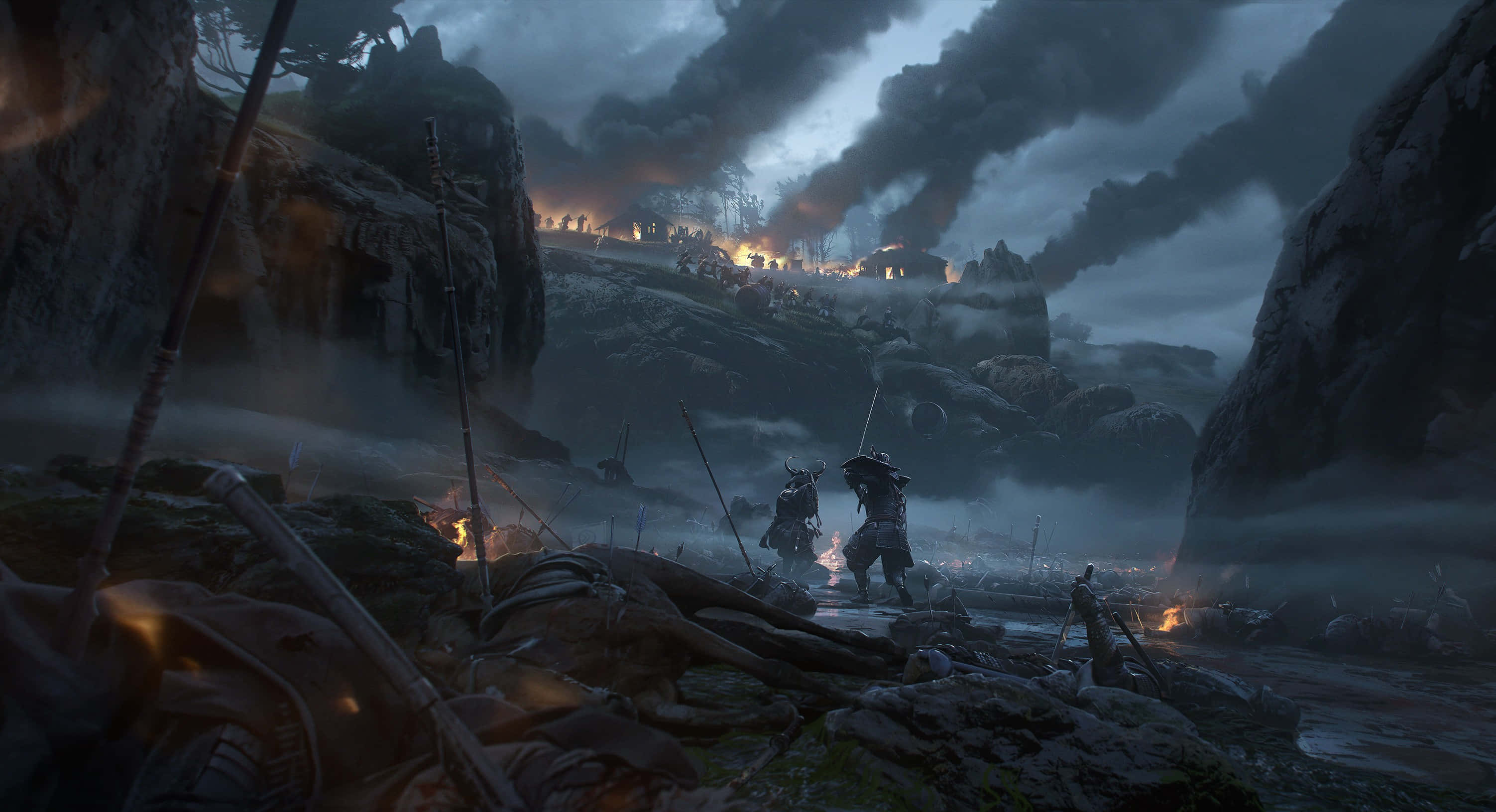 Samurai Battle, misty ravine, distant fires, 2K Desktop Wallpaper