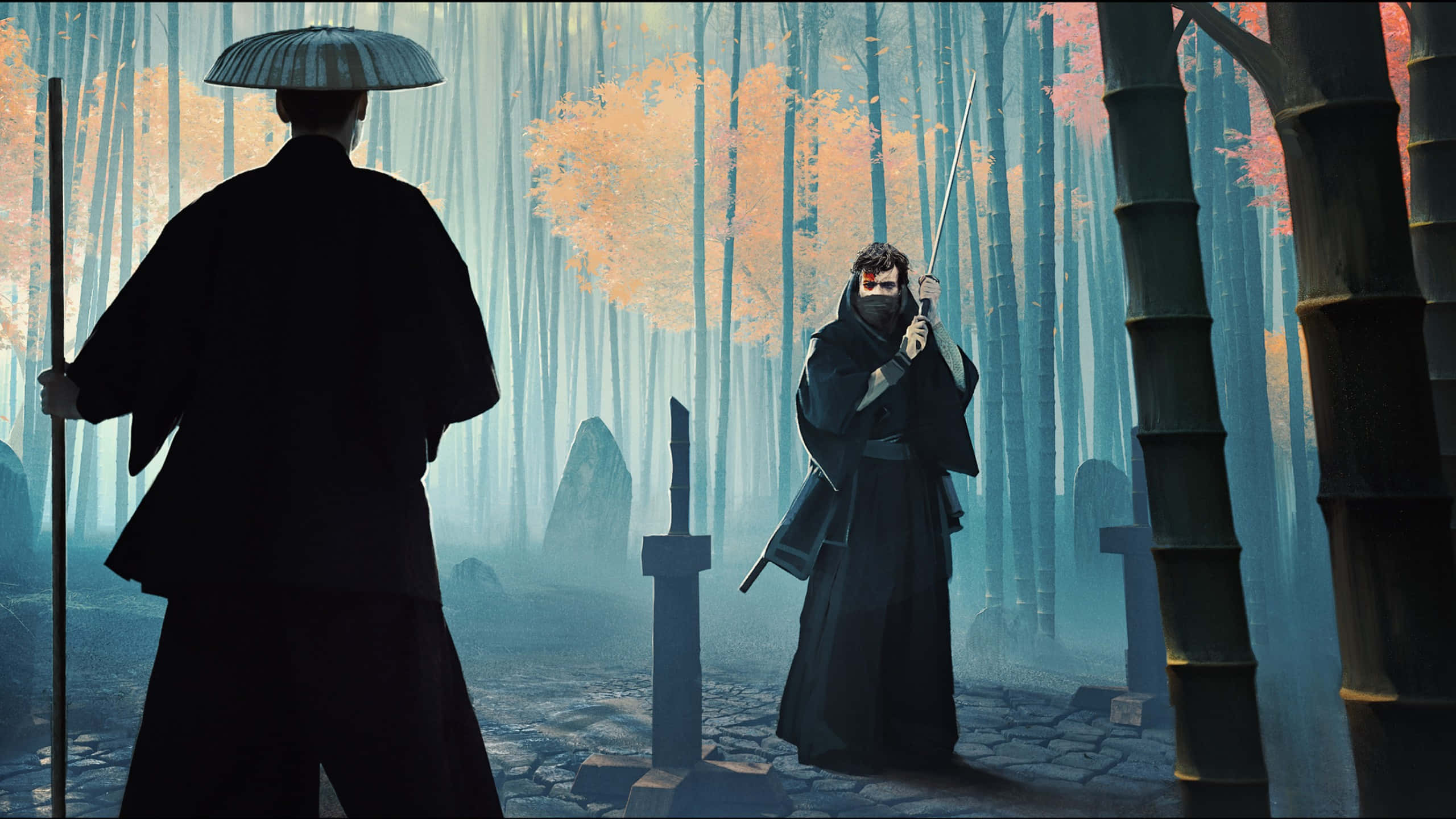 samurai, sword, misty bamboo forest, 2K Desktop Wallpaper