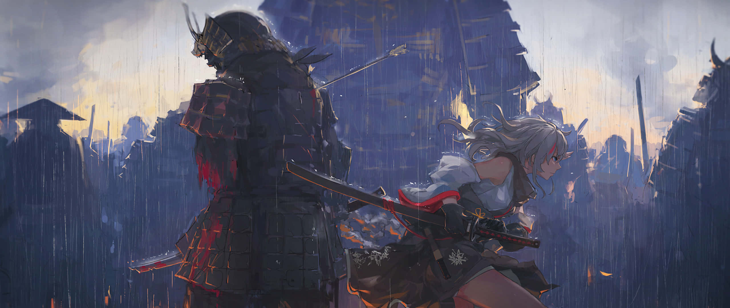 samurai, warrior with silver hair, ruined castle, 2K Desktop Wallpaper