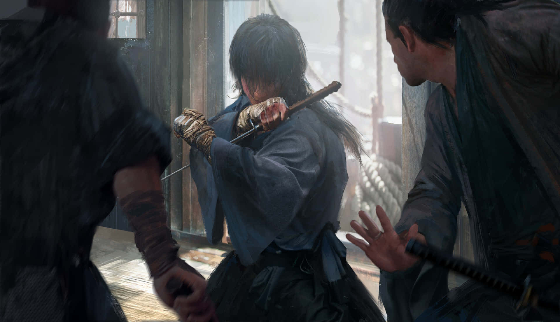 samurai, blue robe, two adversaries, Full HD Desktop Wallpaper