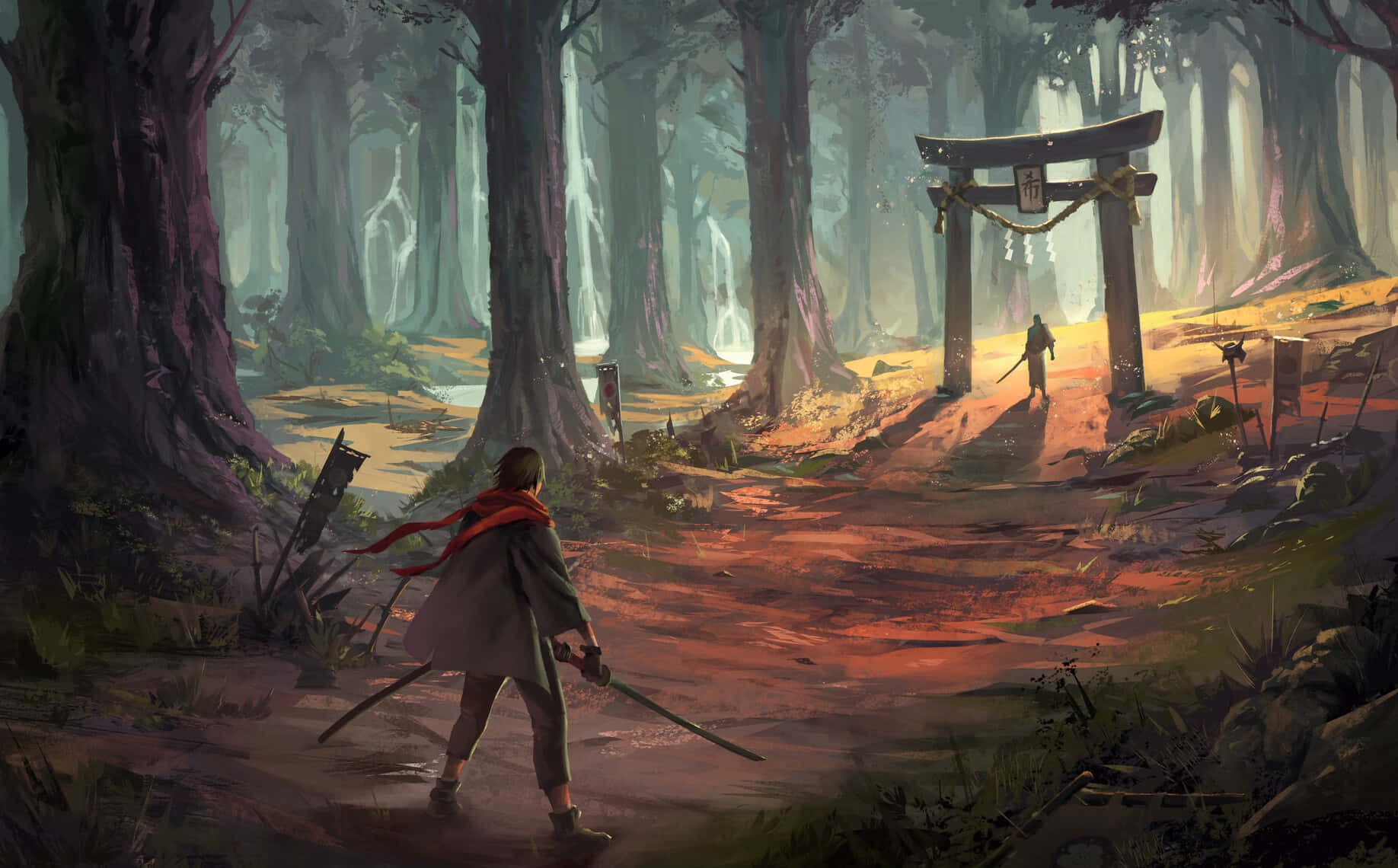 samurai, red scarf, forest path, HD Desktop Wallpaper