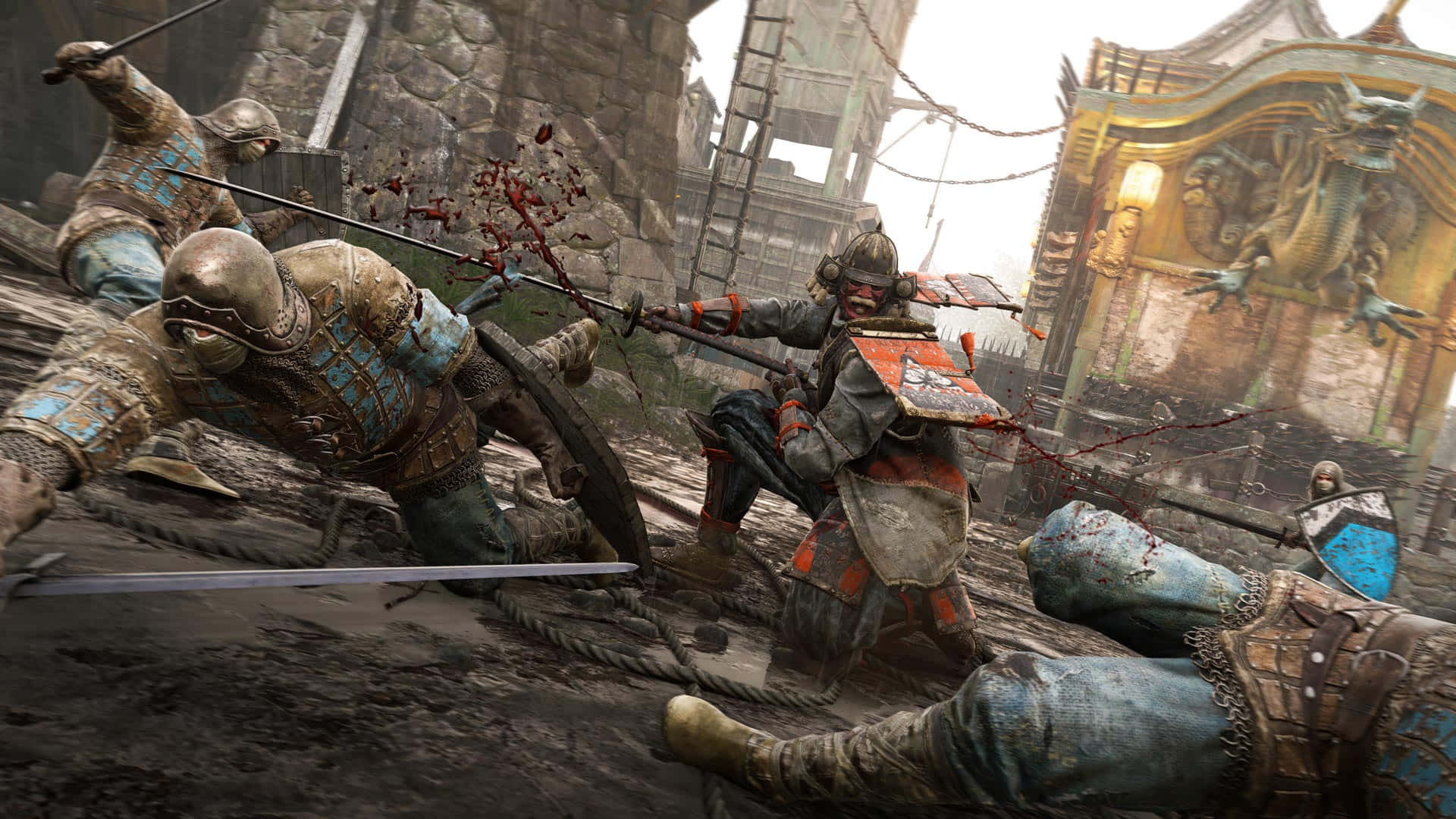 samurai warrior, ornate armor, gritty stone courtyard, Full HD Desktop Wallpaper