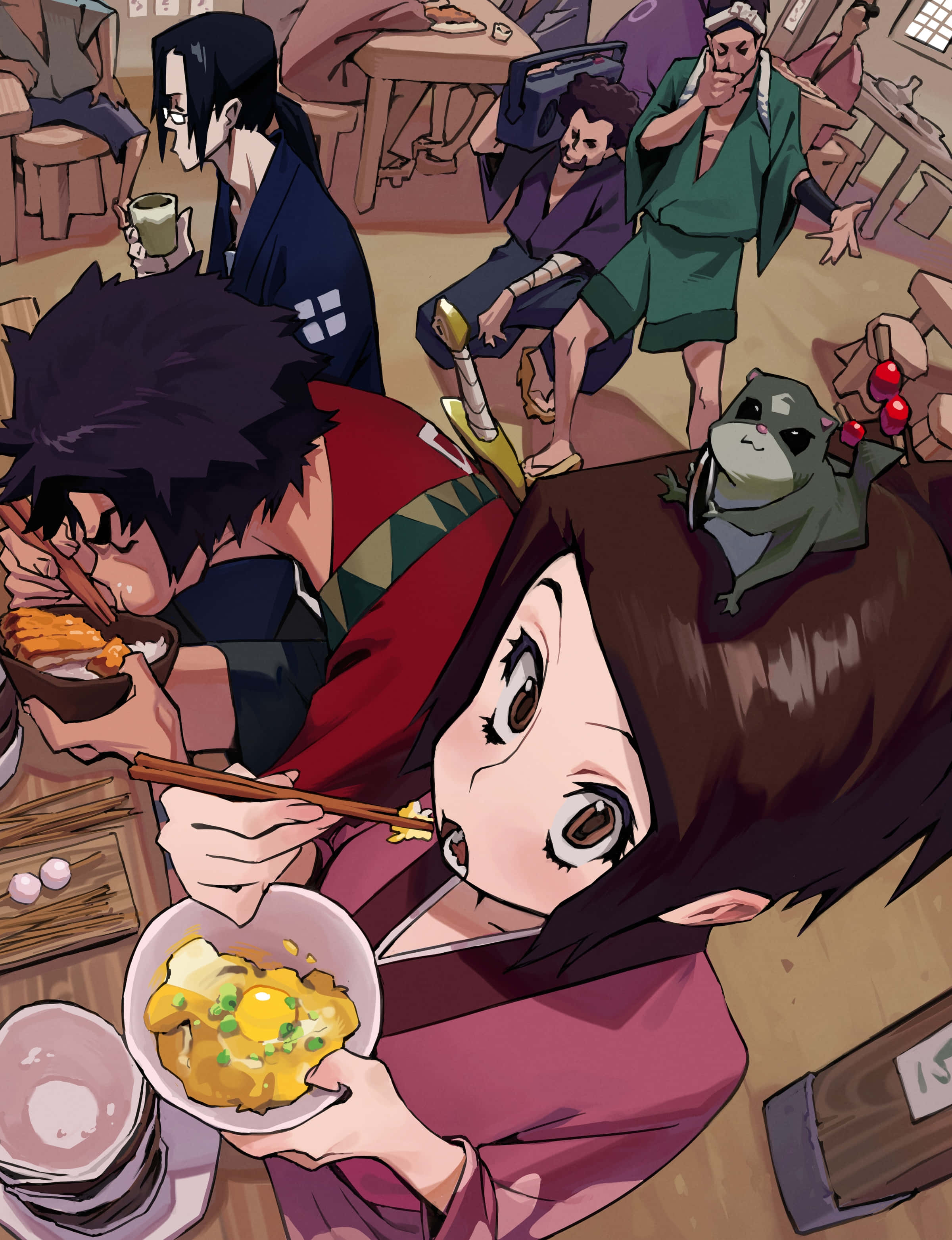 Fuu Kasumi, red kimono, bowl of ramen, 2K Phone Wallpaper