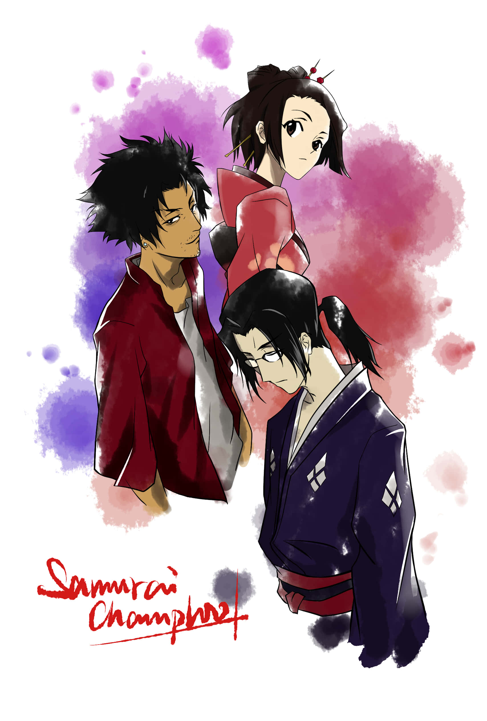 Fuu Kasumi, Samurai Champloo, purple and red watercolor splash, Full HD Phone Wallpaper