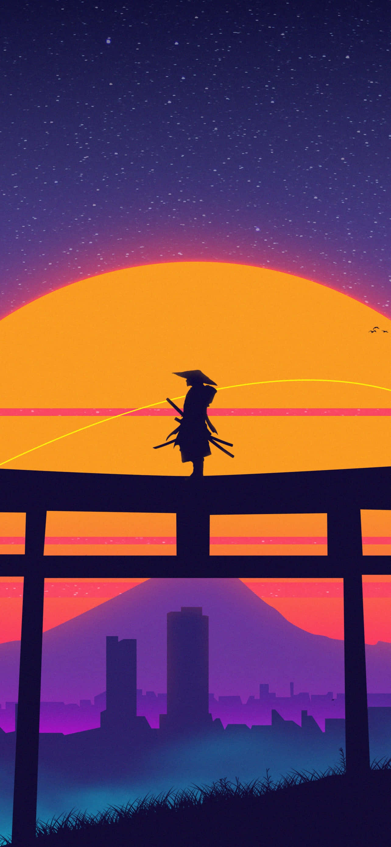Samurai Champloo, torii gate, vibrant sunset, 2K Phone Wallpaper