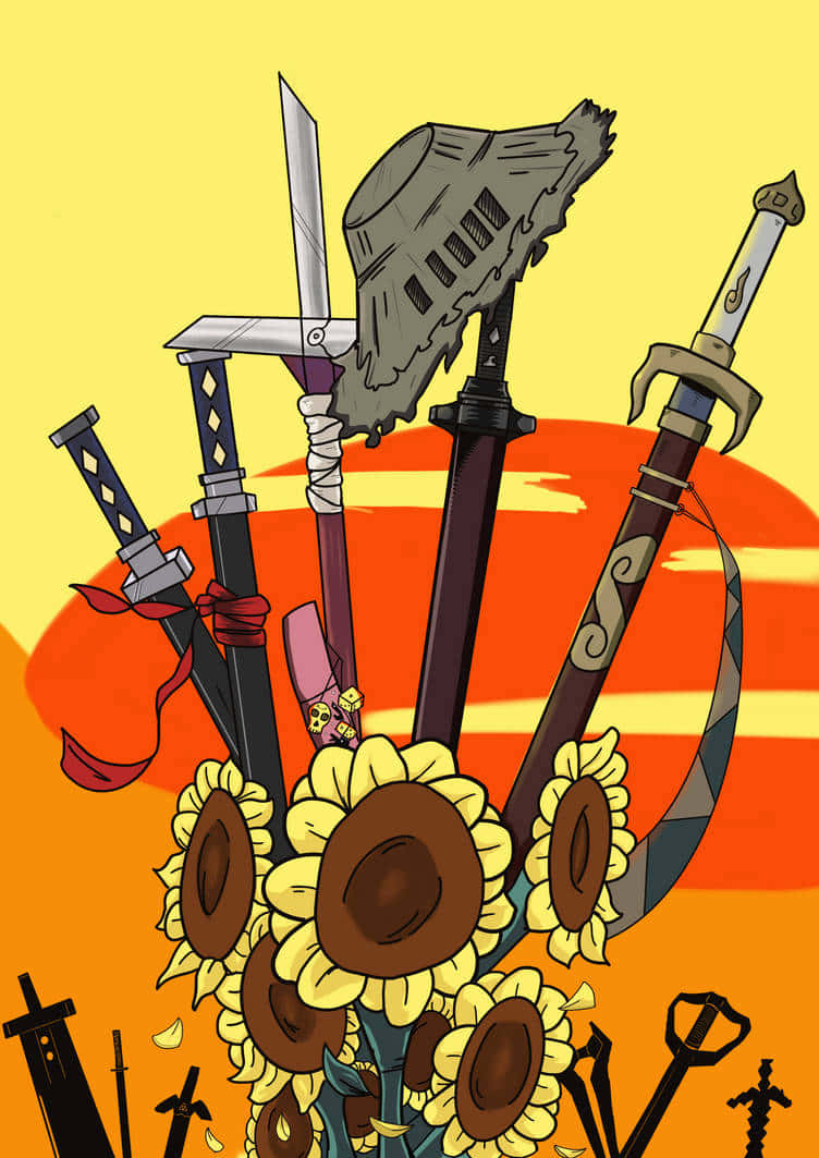 Samurai Champloo Swords, sunflower field, warm sunset sky, SD Phone Wallpaper