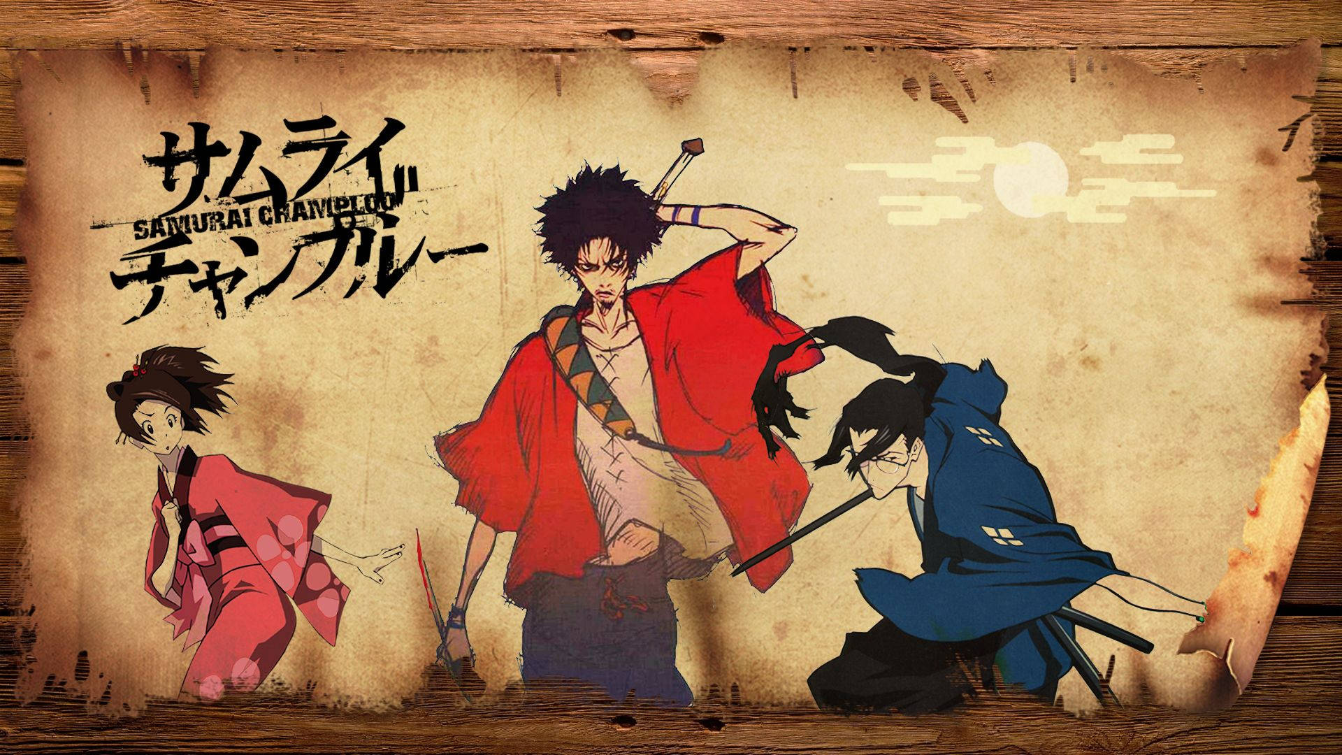 Samurai Champloo, red and blue robes, aged parchment, Full HD Desktop Wallpaper