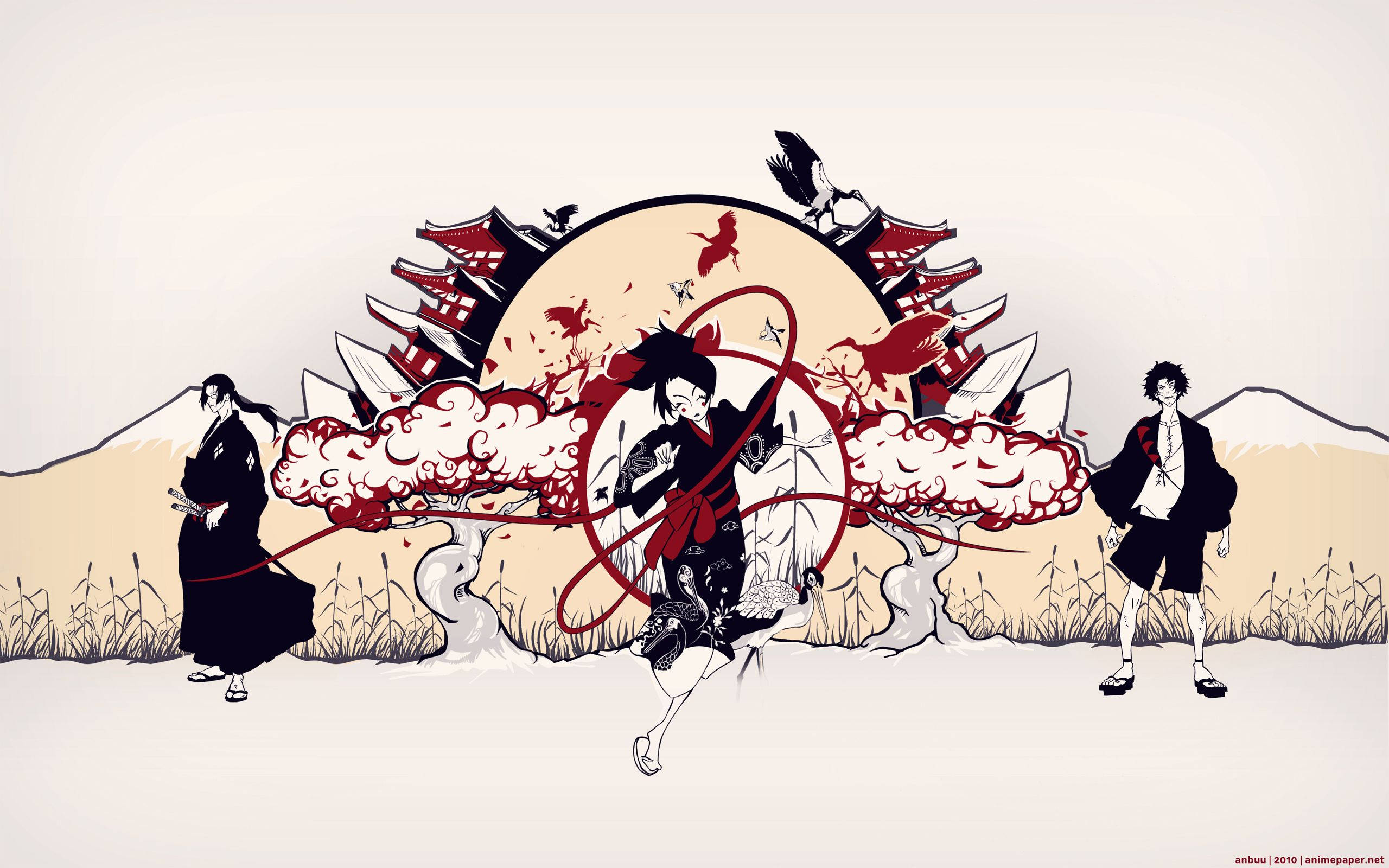 Samurai Champloo, Japanese painting, red splatters, 2K Desktop Wallpaper