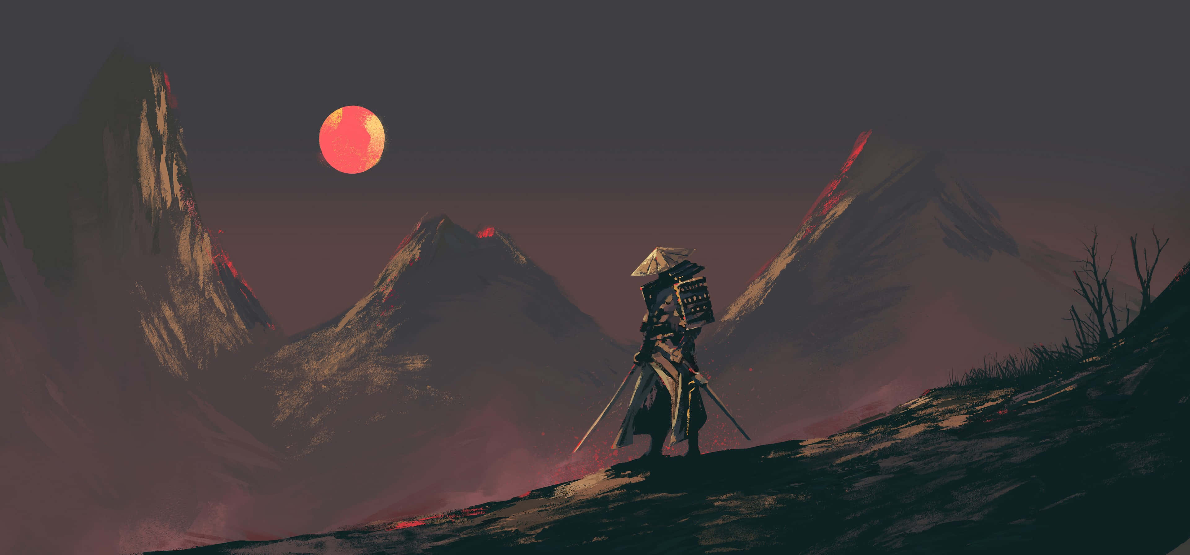 Samurai Champloo, dusk, glowing red sun, 4K Desktop Wallpaper