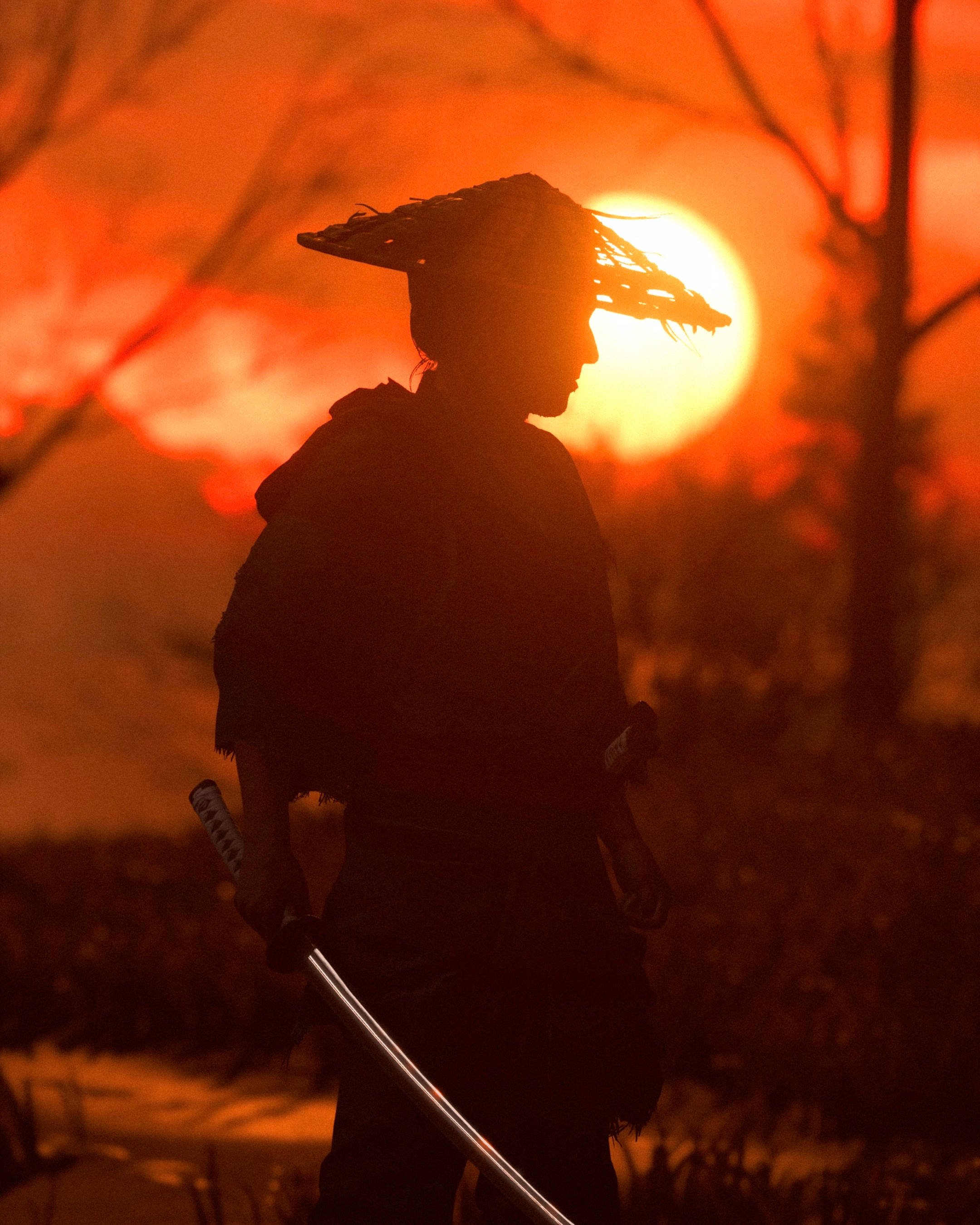samurai, straw hat, sword, 2K Phone Wallpaper