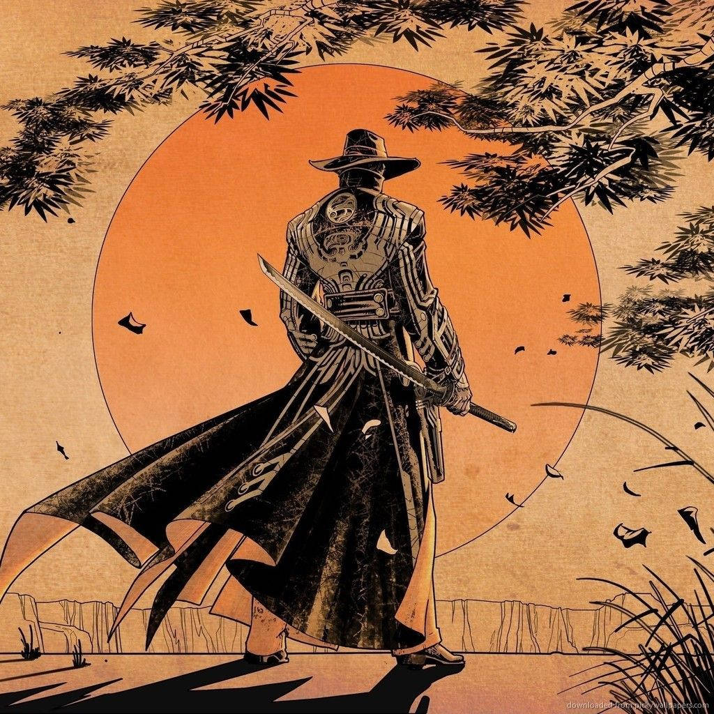 Samurai Champloo, orange sun, bamboo branches, SD Desktop Wallpaper