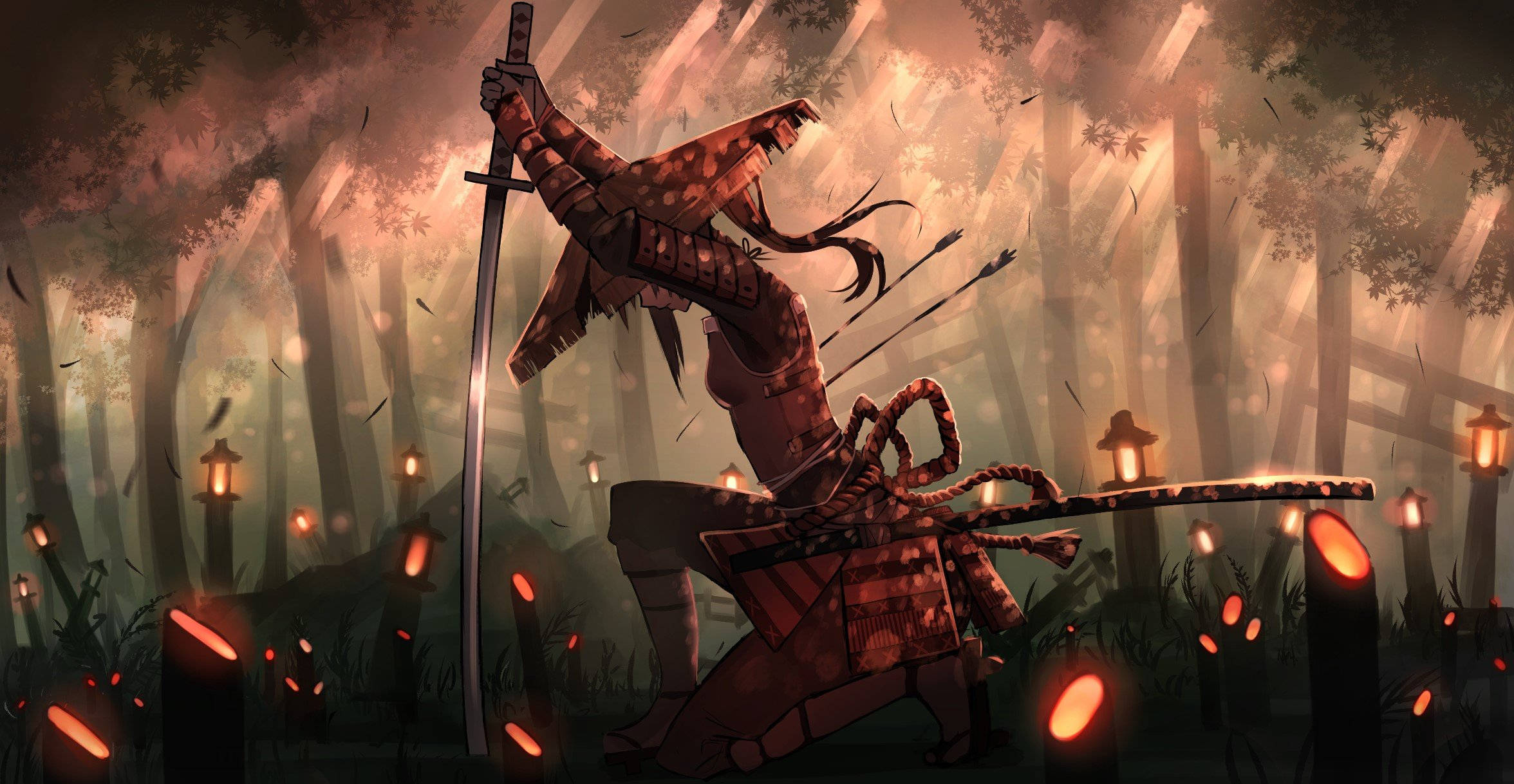 samurai warrior, red armor, sword, Full HD Desktop Wallpaper