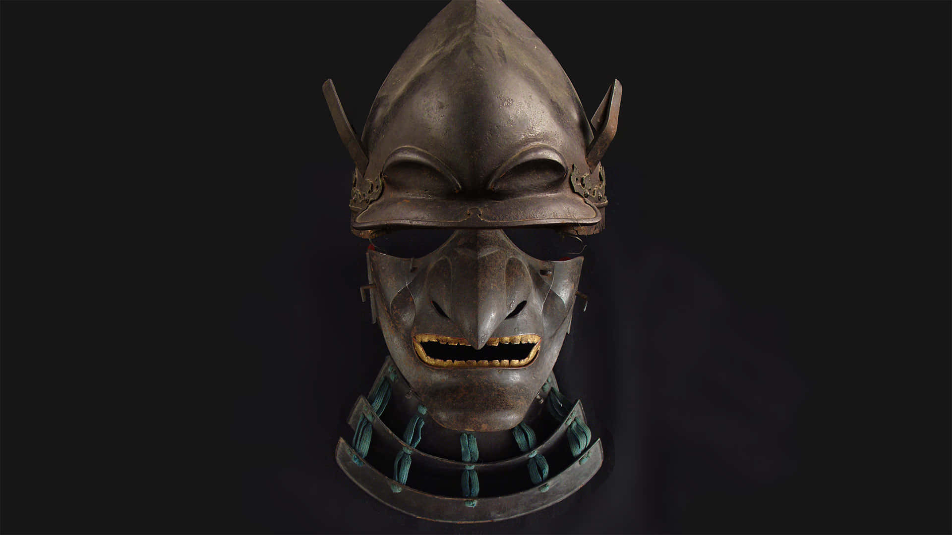 samurai helmet, gold teeth, horned visor, Full HD Desktop Wallpaper