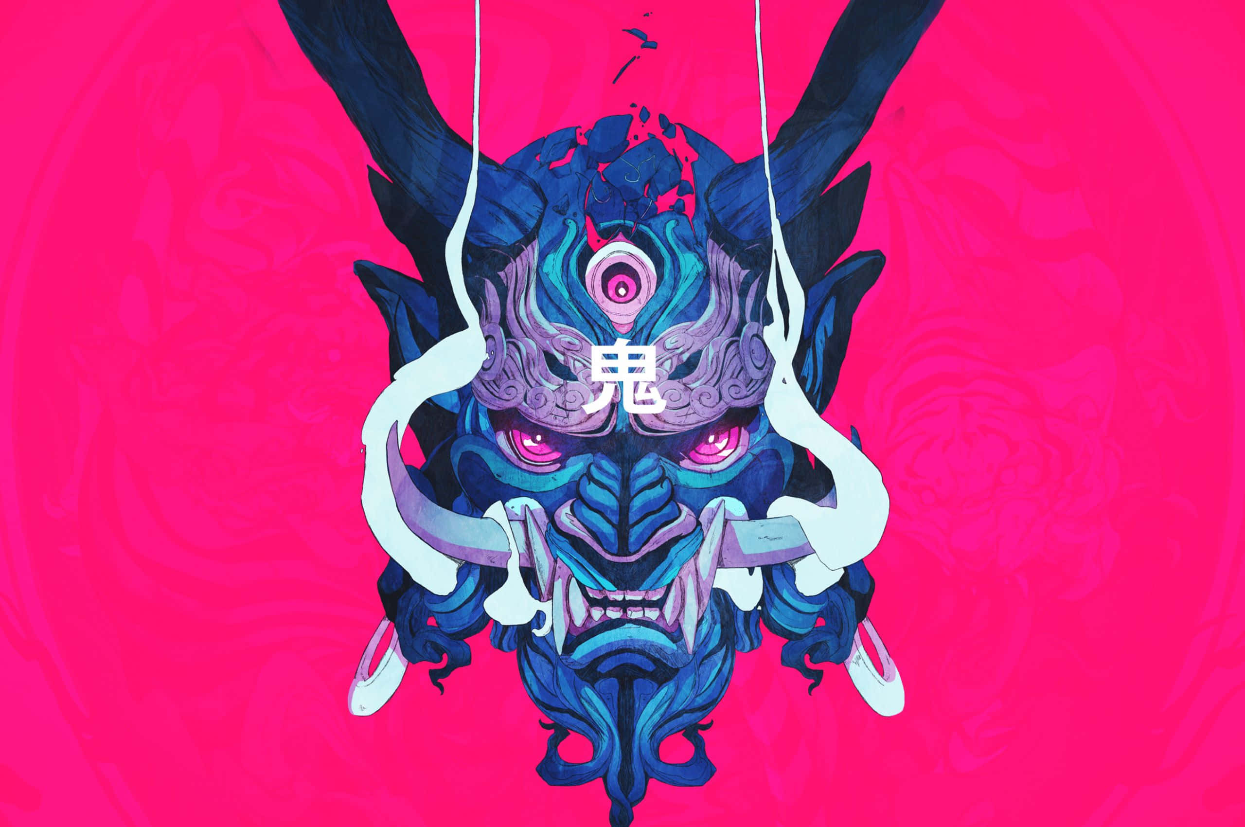 blue oni mask, glowing pink eyes, white horns, 2K Desktop Wallpaper