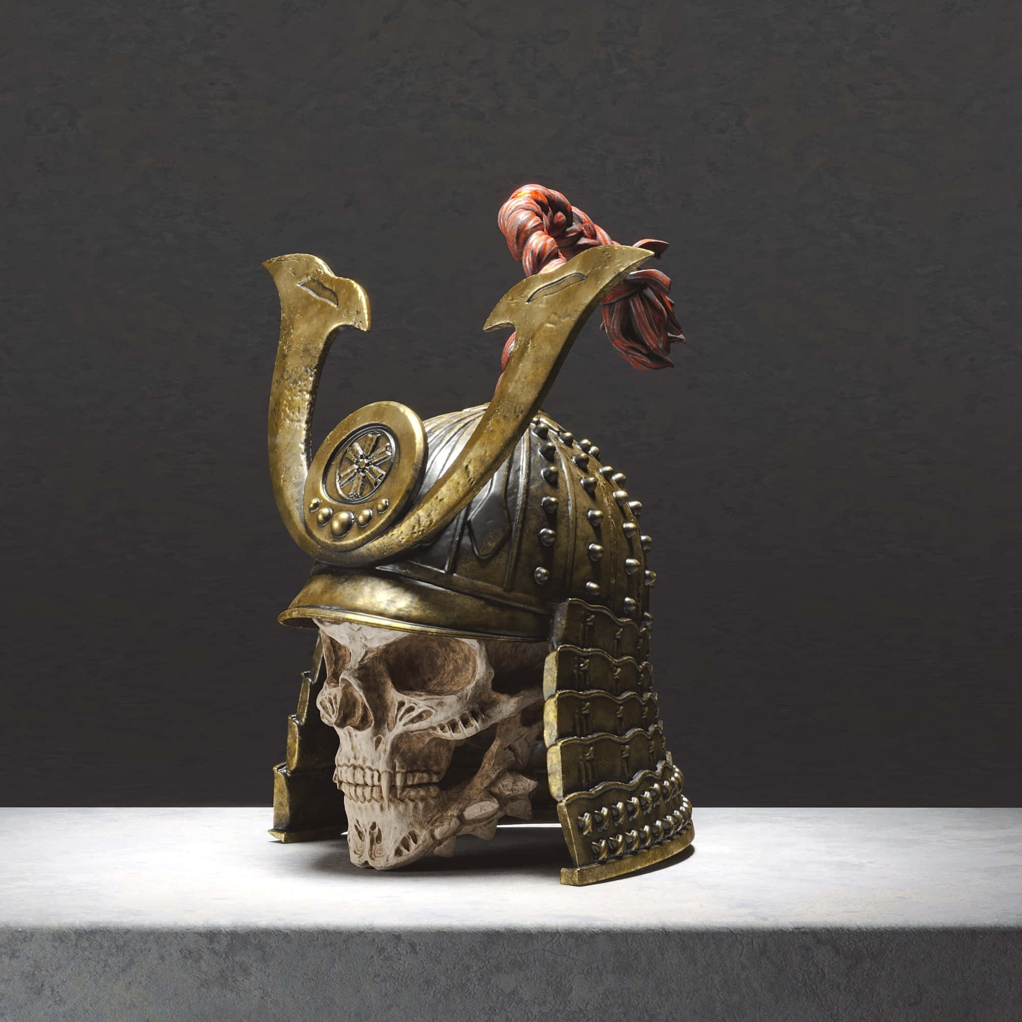 samurai helmet, golden samurai helmet, red plume, Full HD Desktop Wallpaper