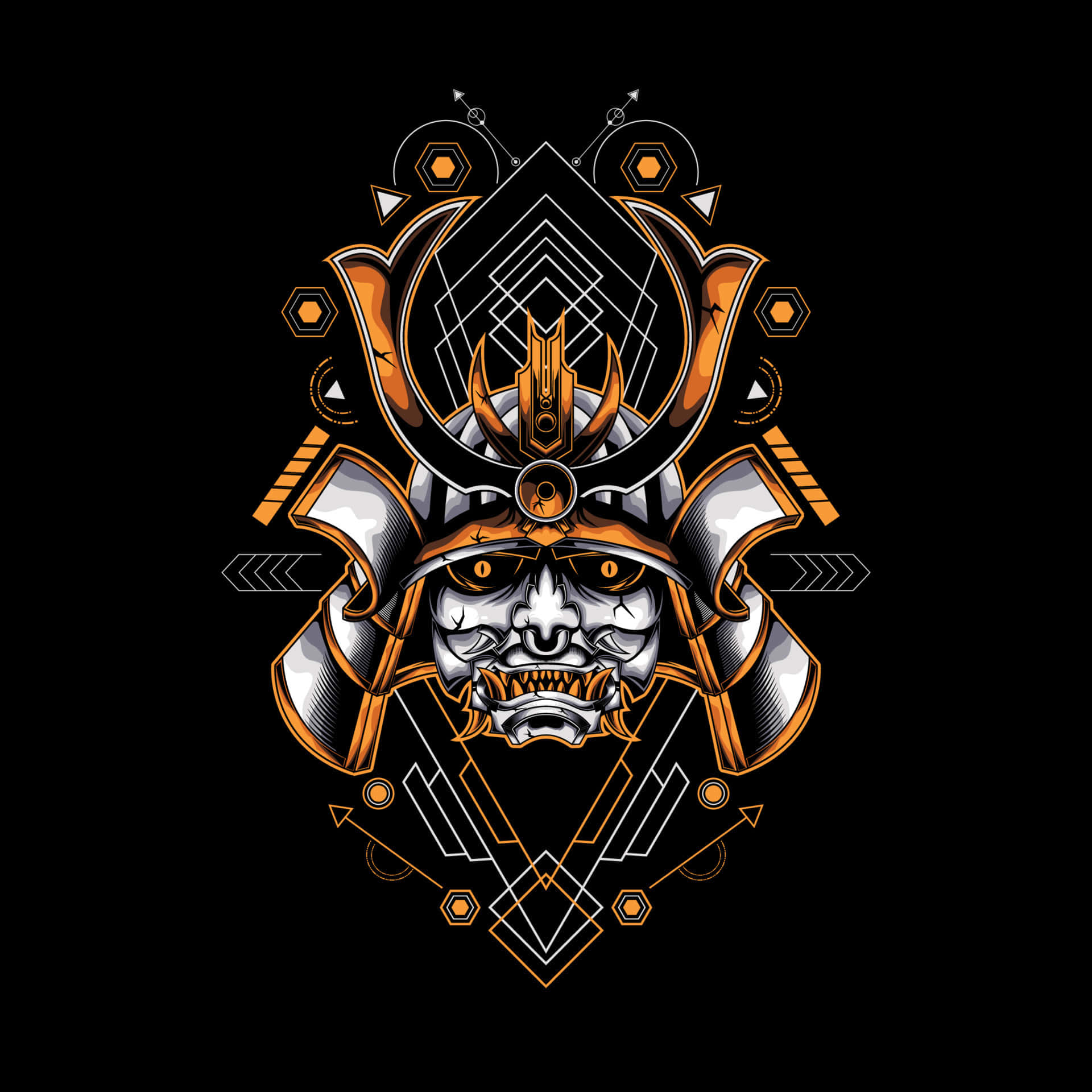 samurai helmet, glowing orange eyes, geometric tribal patterns, Full HD Desktop Wallpaper