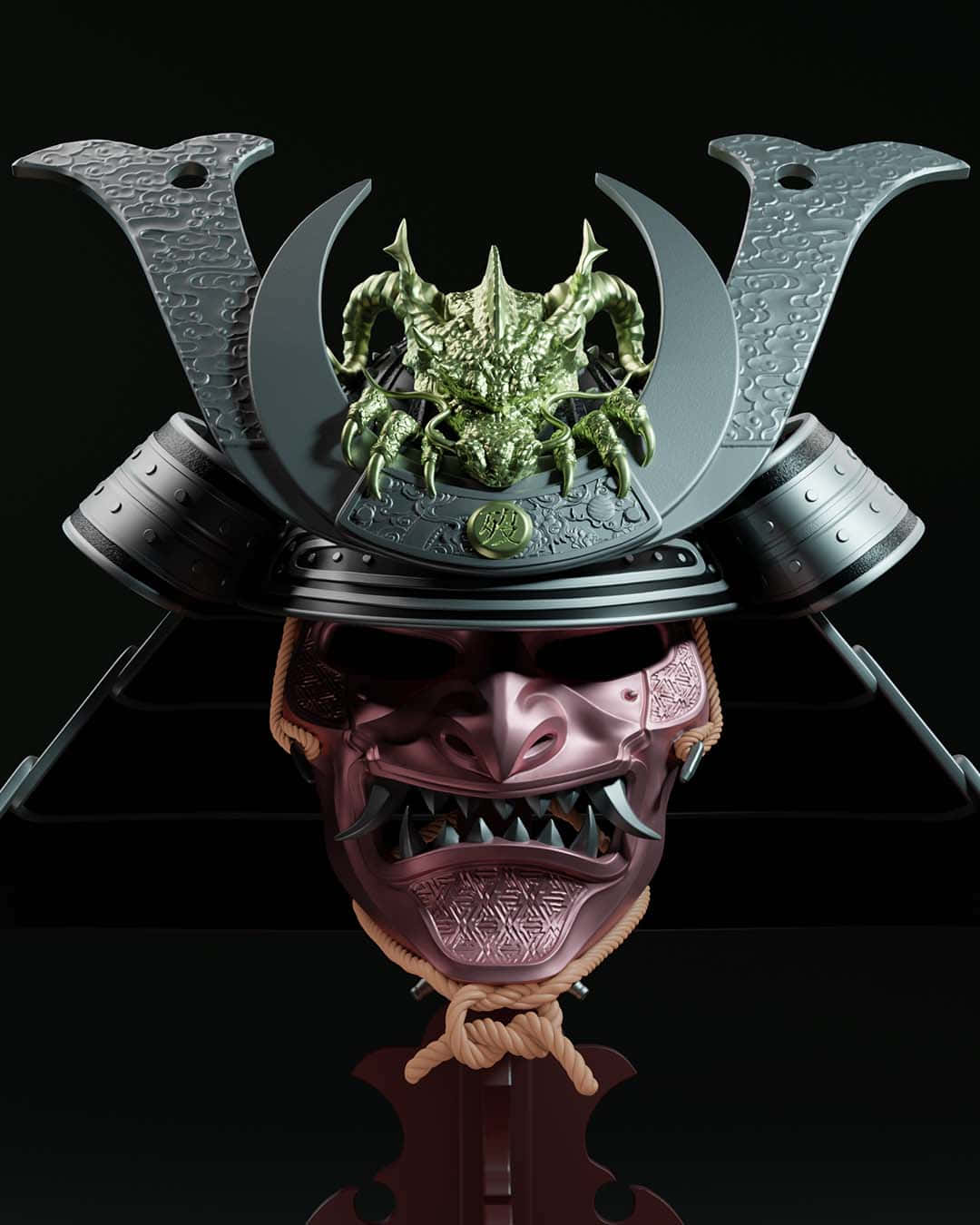 samurai helmet, spiked green demon crest, purple oni mask, HD Phone Wallpaper