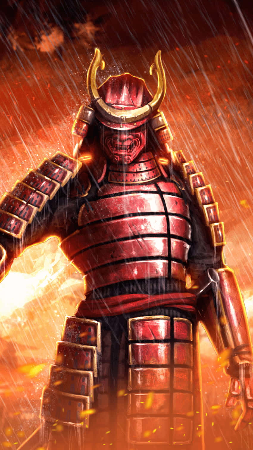 samurai helmet, red and gold armor, fiery rainstorm, HD Phone Wallpaper