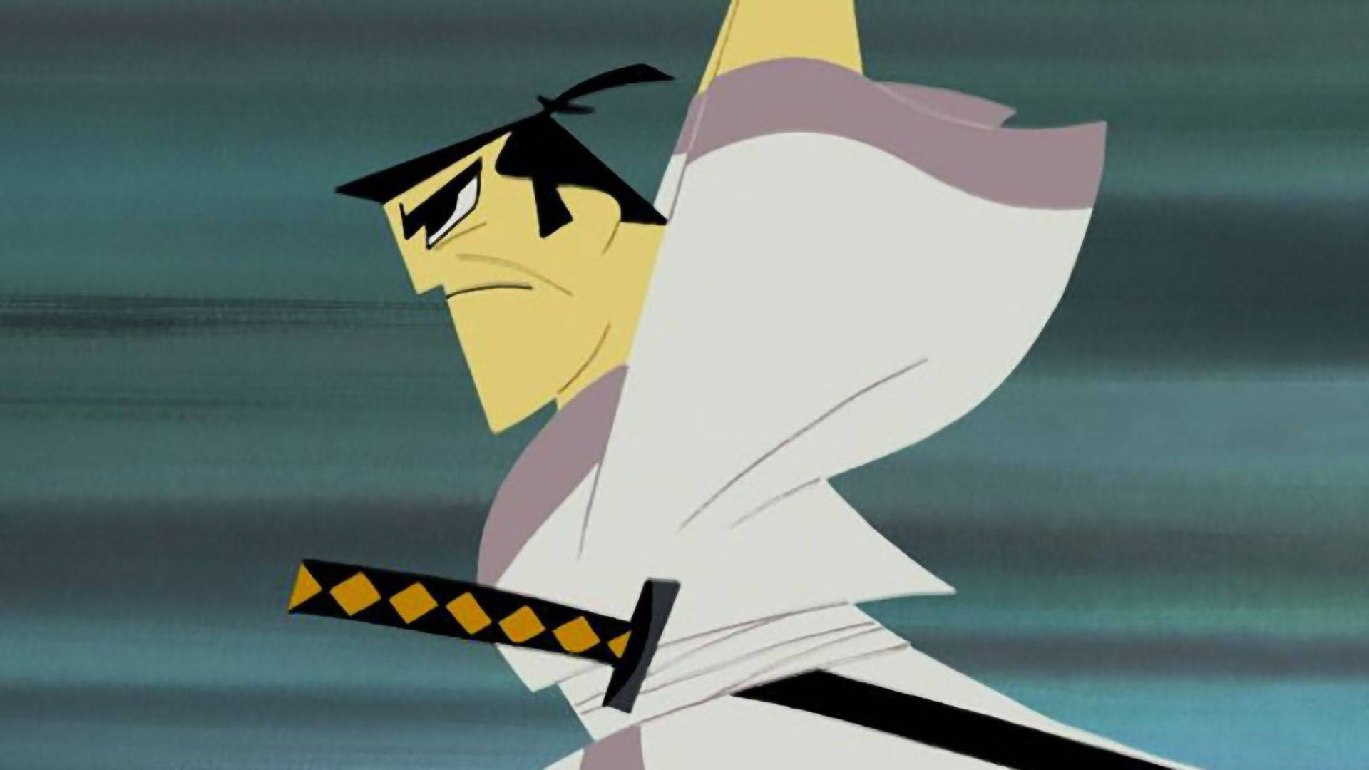 Samurai Jack, teal background, sword at his hip, Full HD Desktop Wallpaper