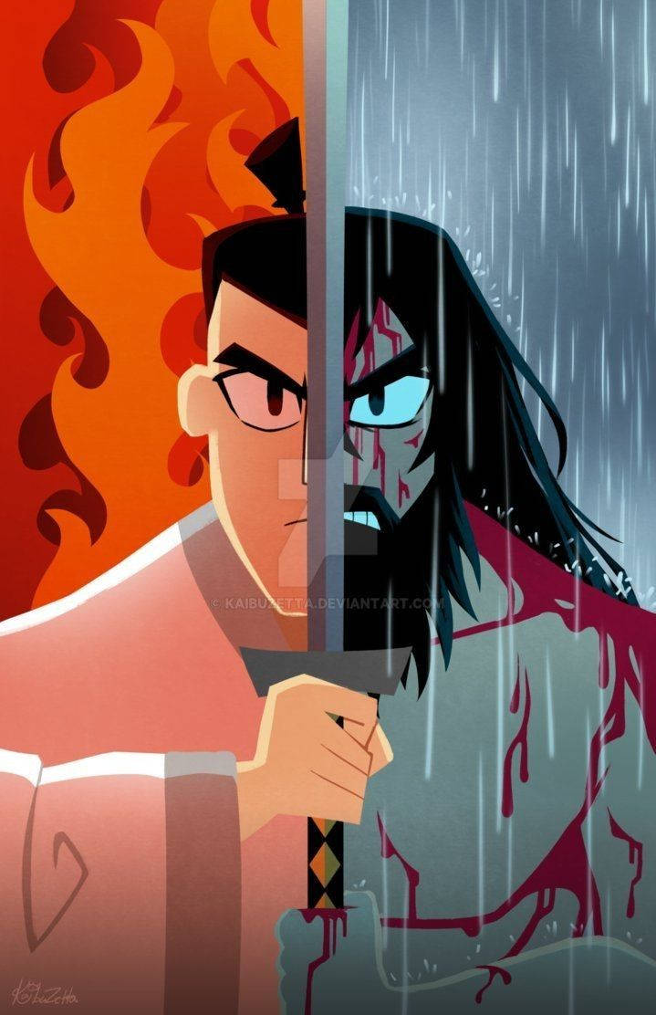 Samurai Jack, half face side by side, flames, SD Phone Wallpaper