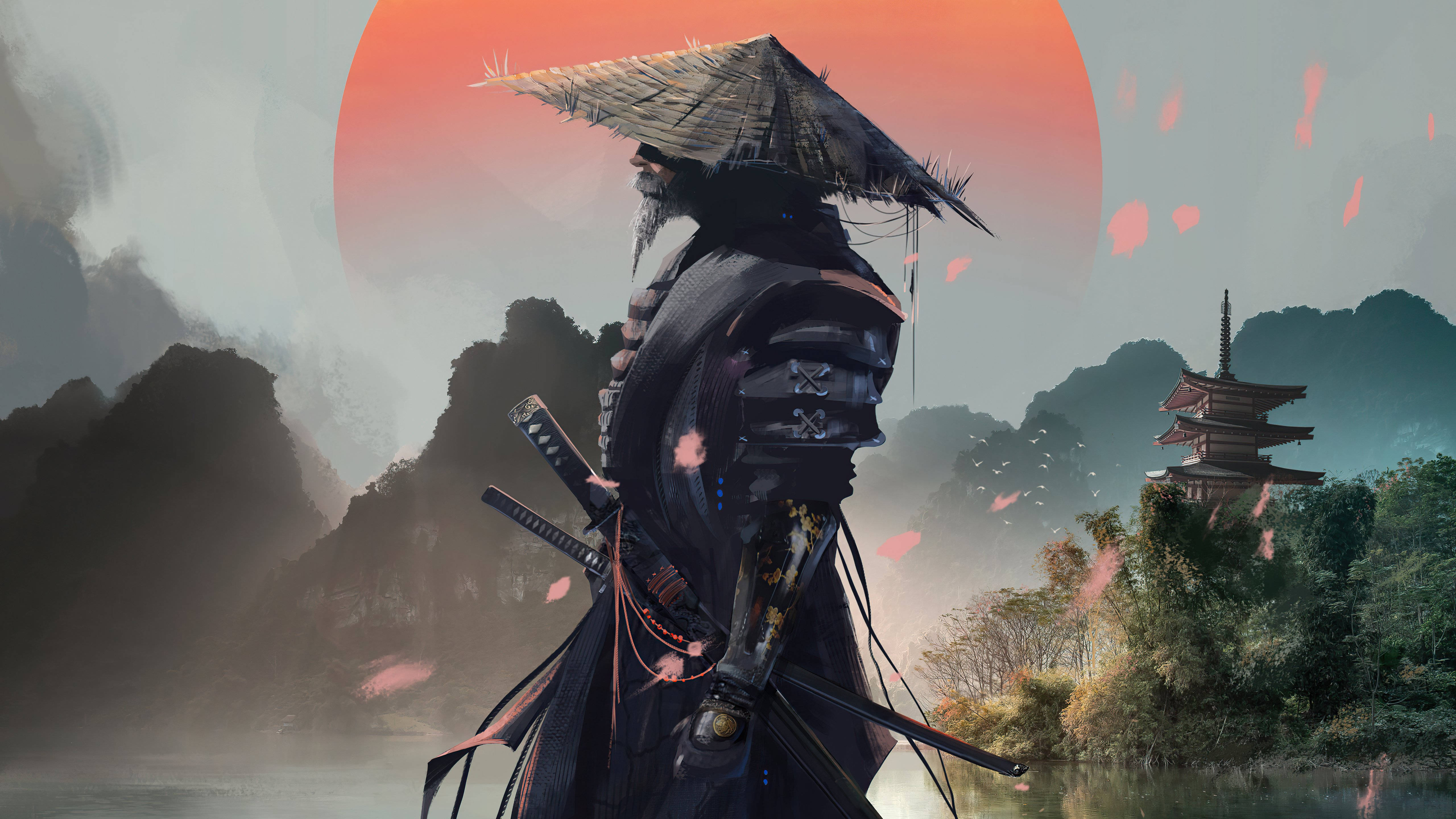 Samurai, dark armor, straw hat, 5K Desktop Wallpaper