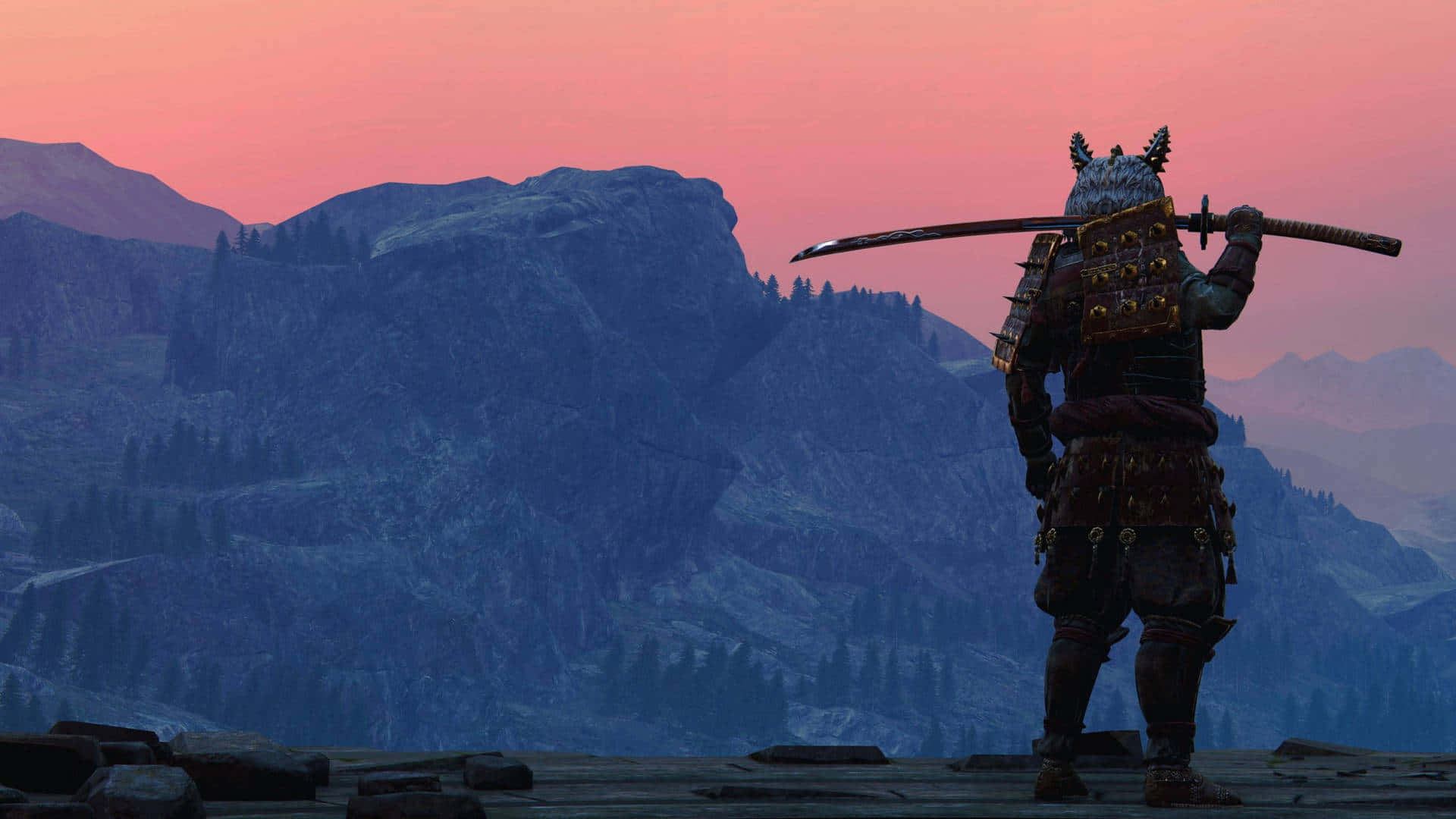 samurai landscape, horned helmet, wooden platform, Full HD Desktop Wallpaper