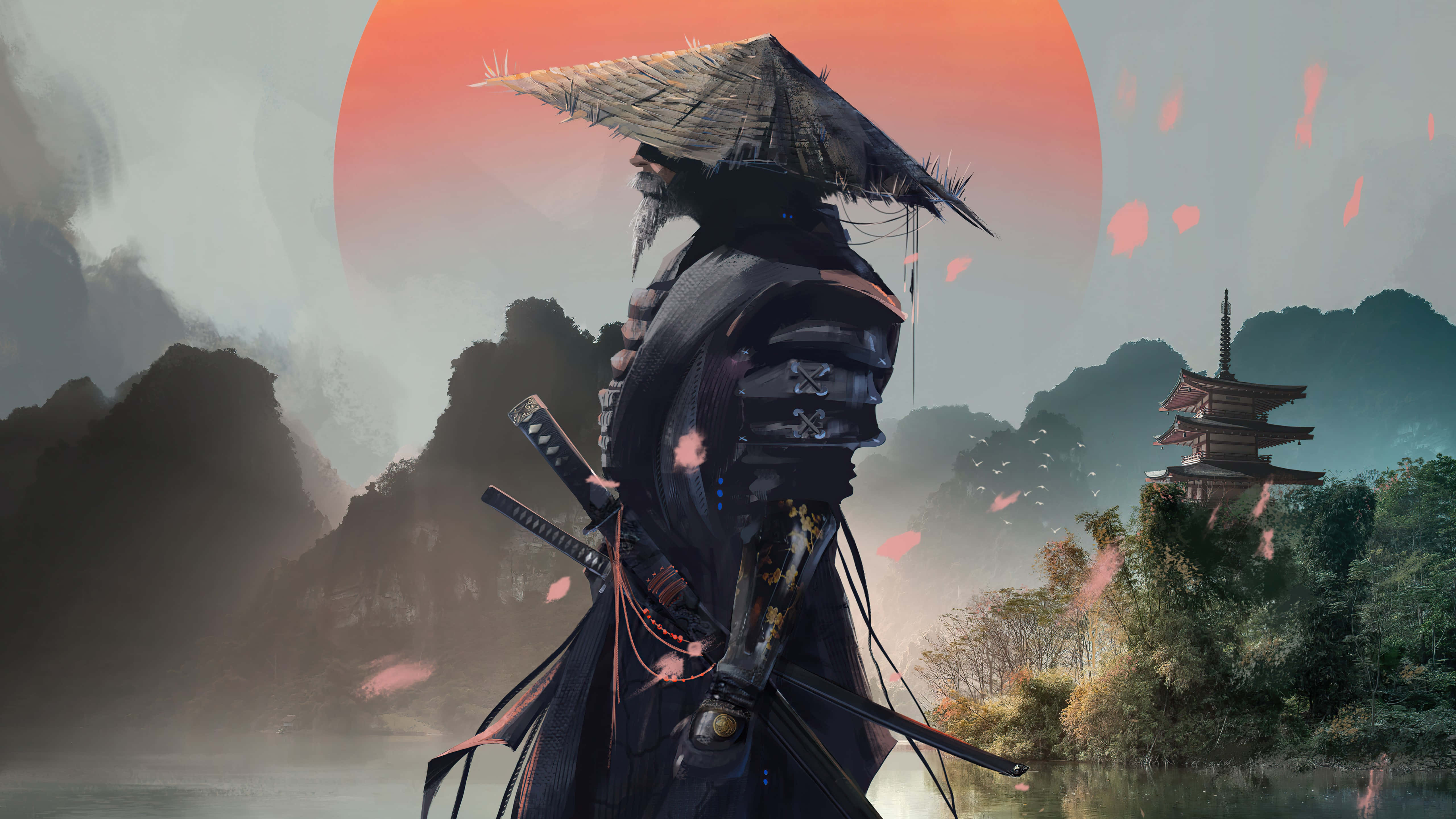 samurai landscape, dark armor, straw hat, 5K Desktop Wallpaper