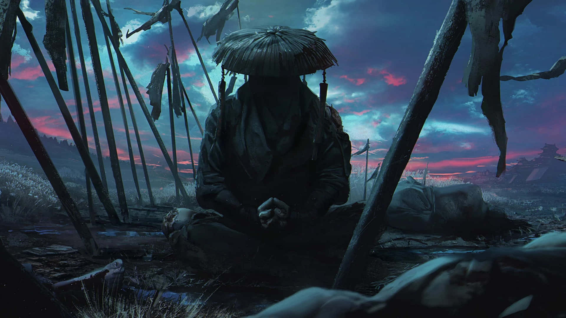 feudal japan, straw hat, broken wooden poles, Full HD Desktop Wallpaper