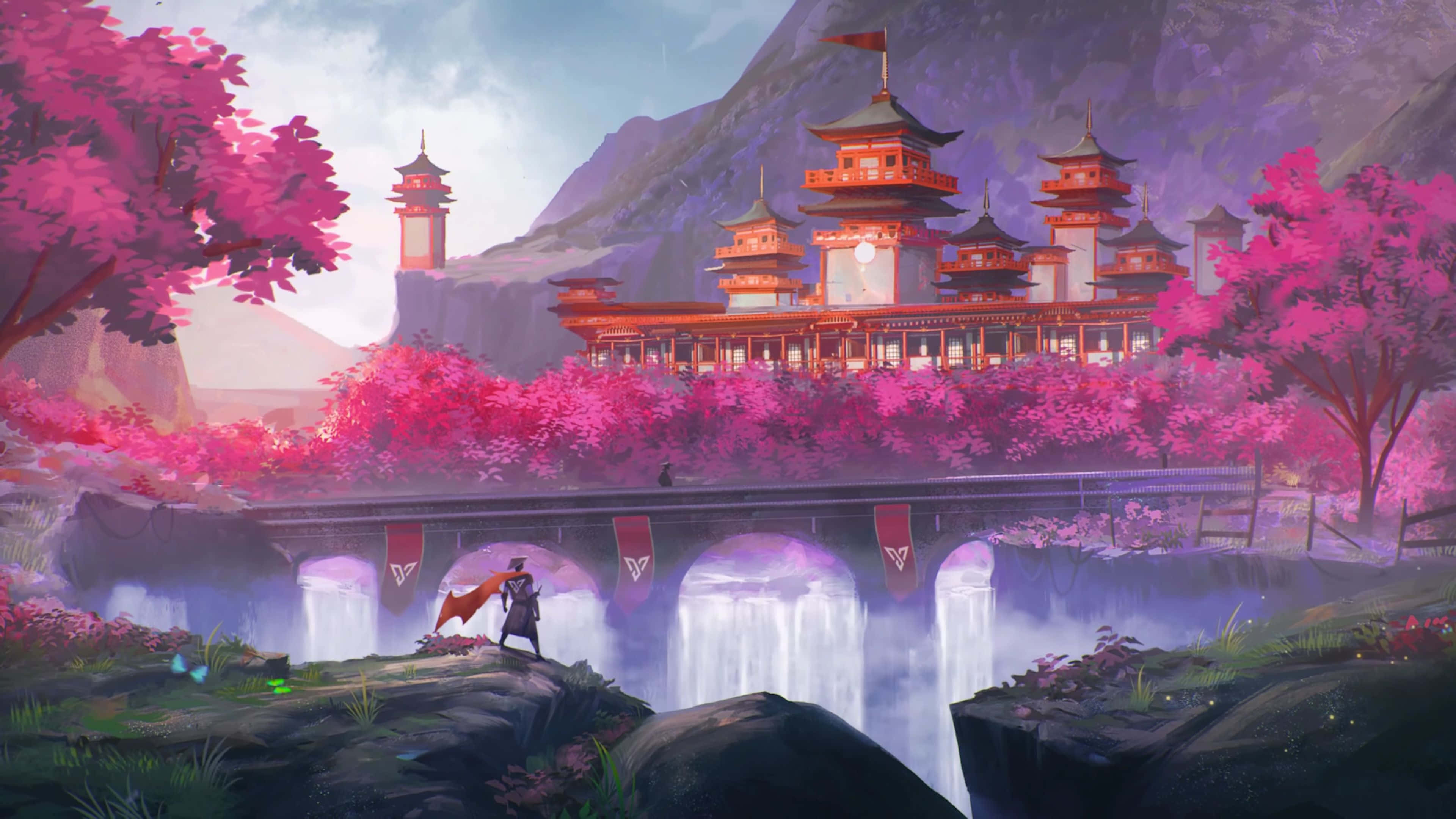 samurai landscape, pink cherry blossom canopy, bridge, 4K Desktop Wallpaper