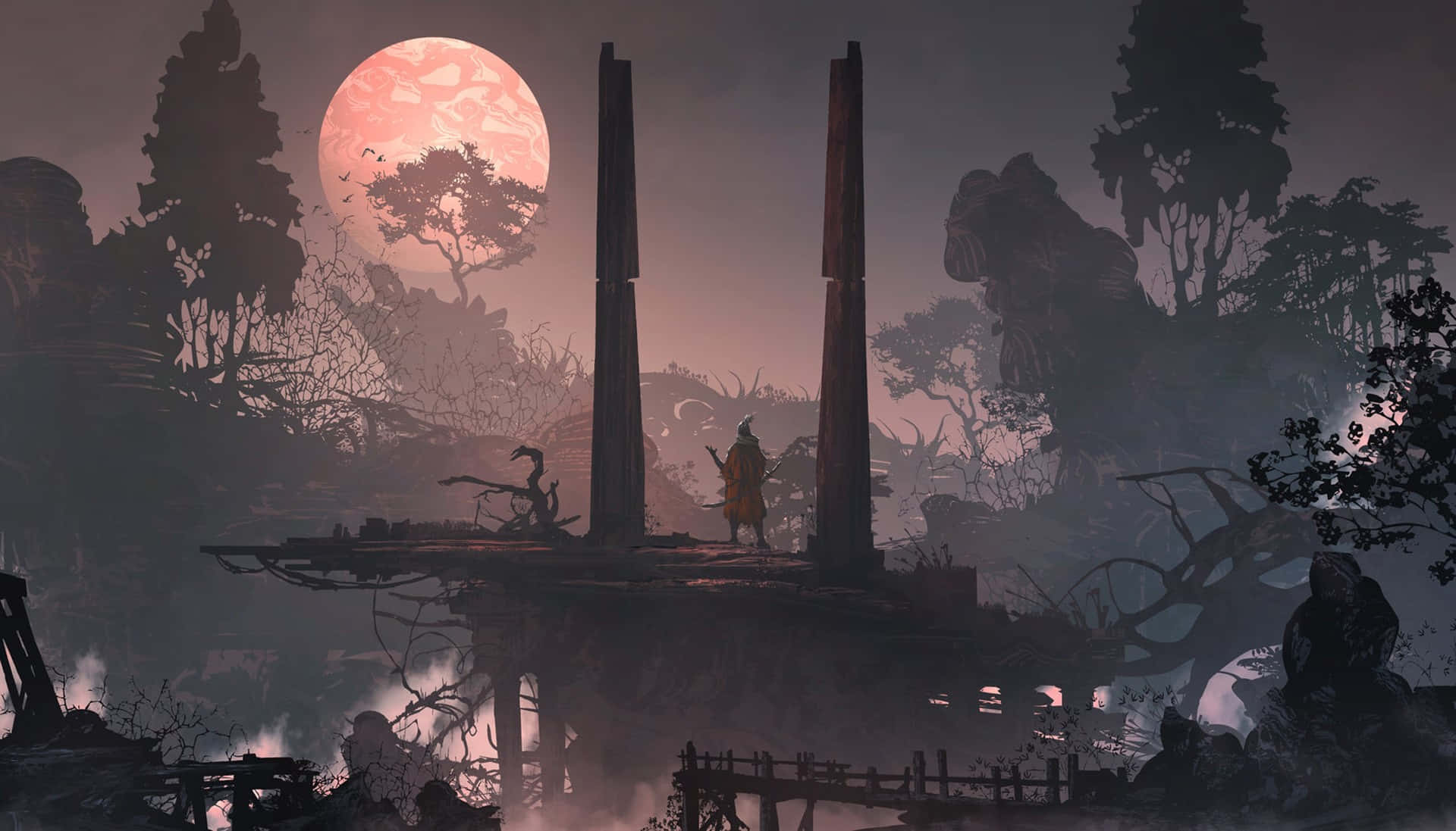 samurai landscape, ancient ruins, glowing pink moon, Full HD Desktop Wallpaper