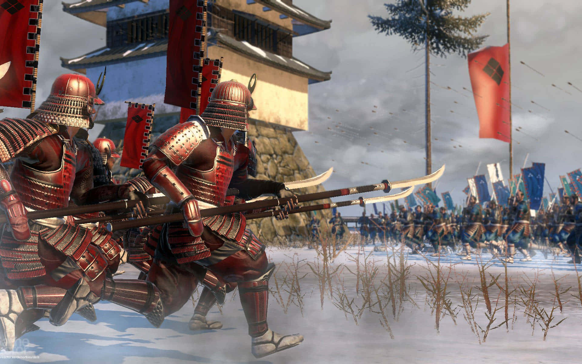 Samurai, red armor, long spears, Full HD Desktop Wallpaper