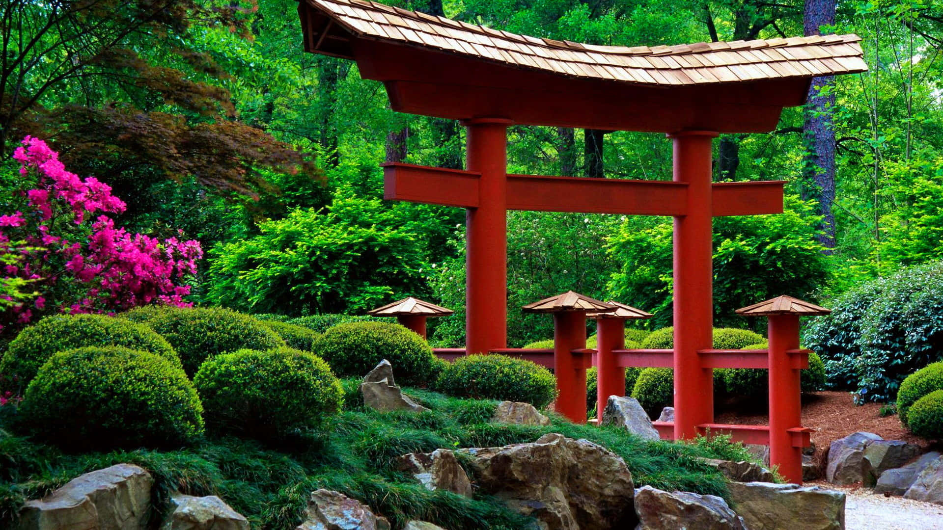 feudal japan, red Japanese torii gate, lush green garden, Full HD Desktop Wallpaper