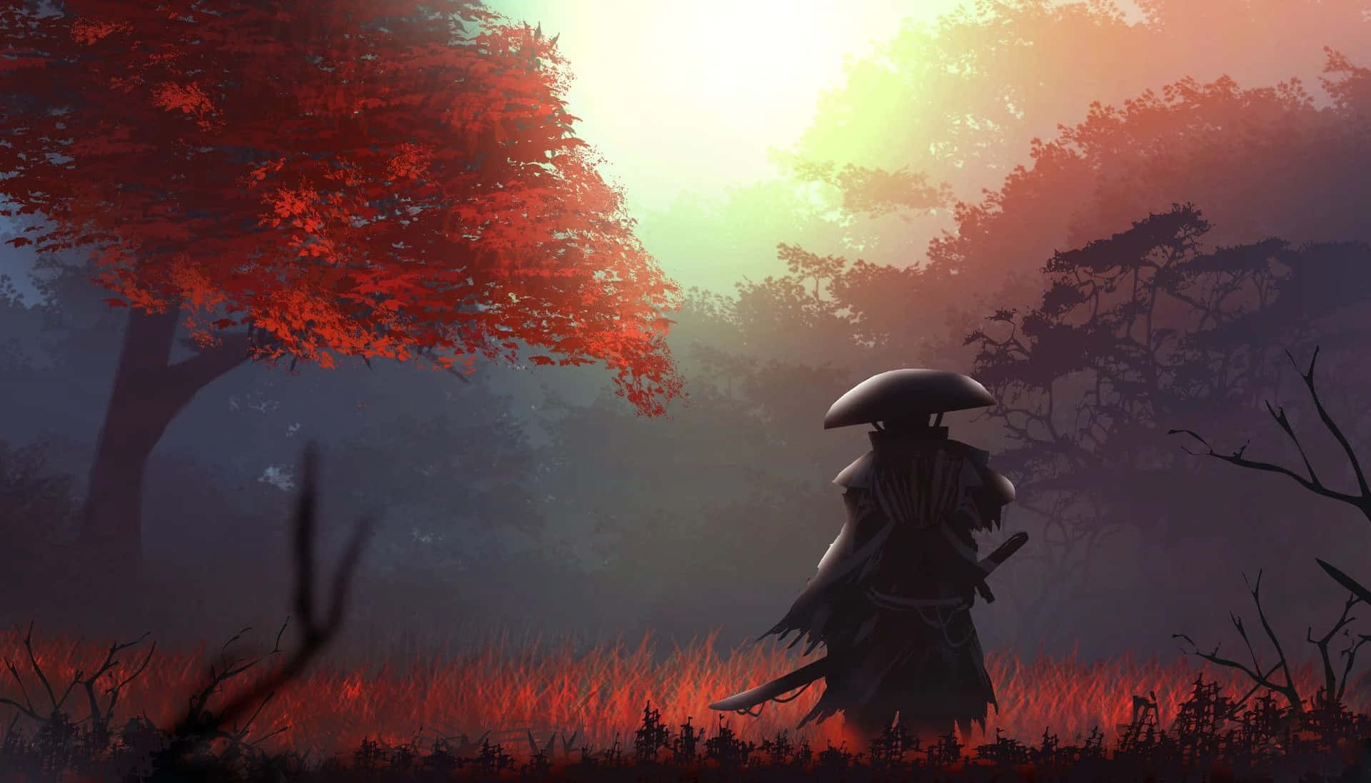 samurai garden, lone samurai warrior, sword, Full HD Desktop Wallpaper