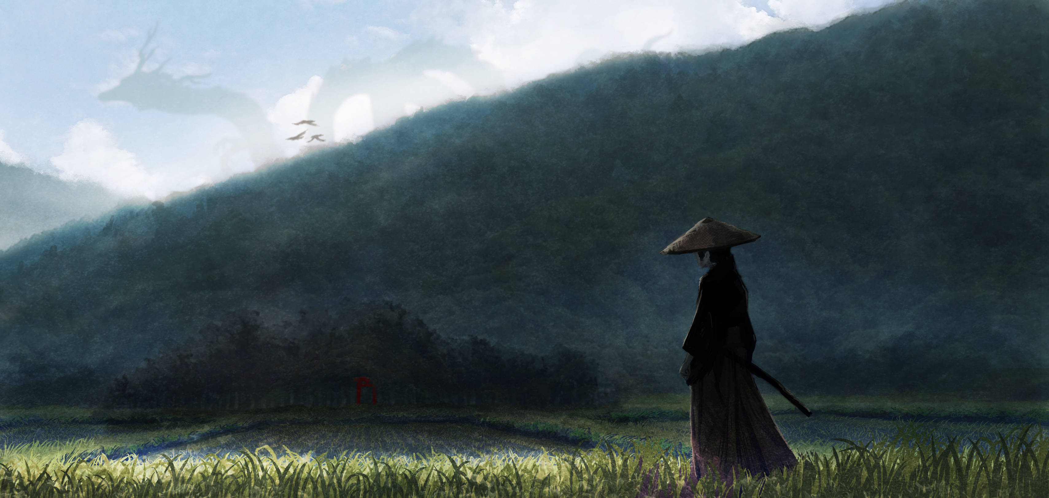 anime samurai, conical hat, misty rice fields, 2K Desktop Wallpaper