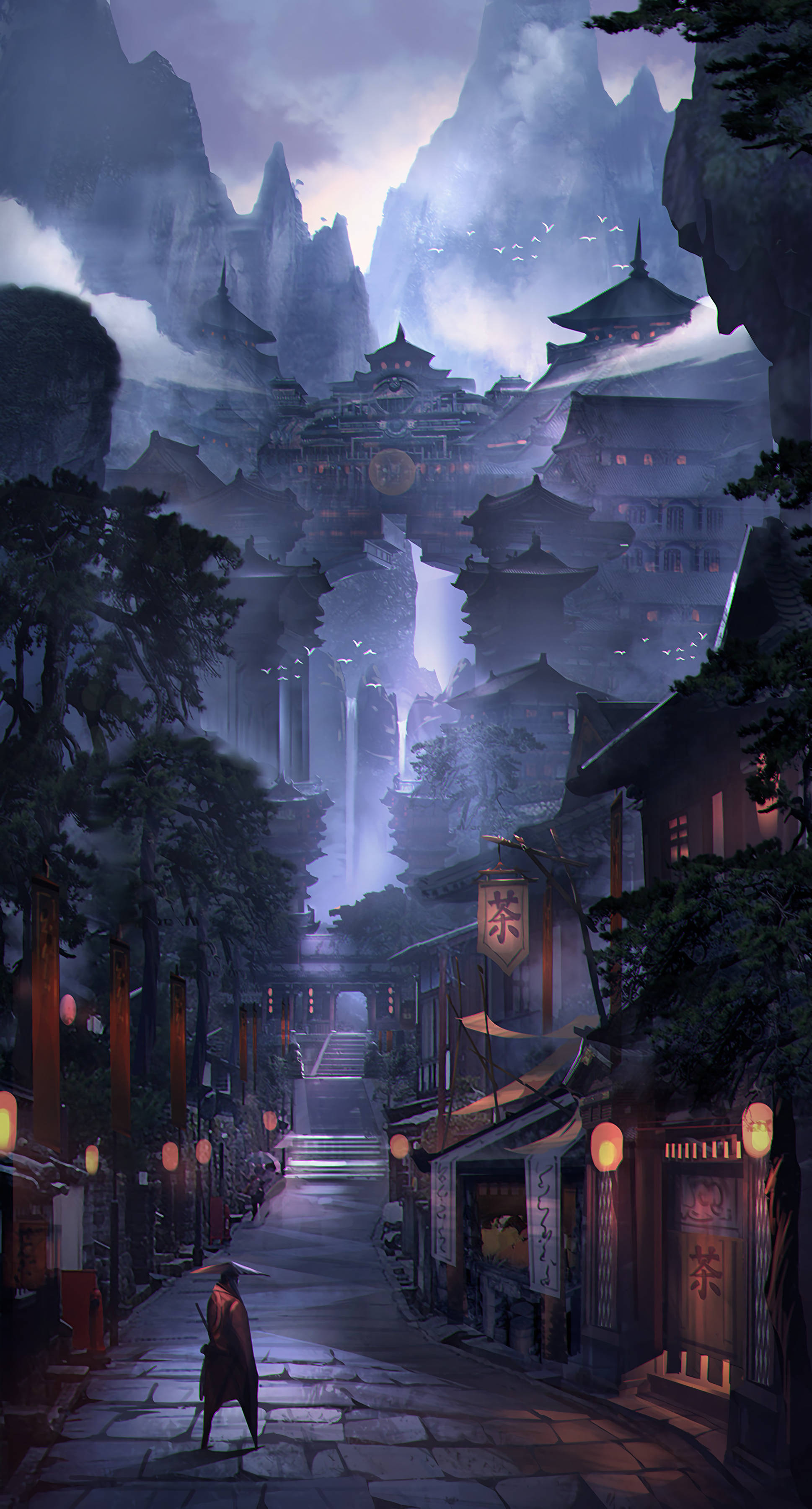 samurai, Japanese alleyway, misty lantern-lit street, 2K Phone Wallpaper
