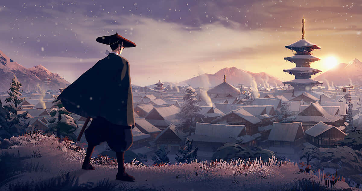 samurai, dark cloak, snow-covered Japanese village, SD Desktop Wallpaper