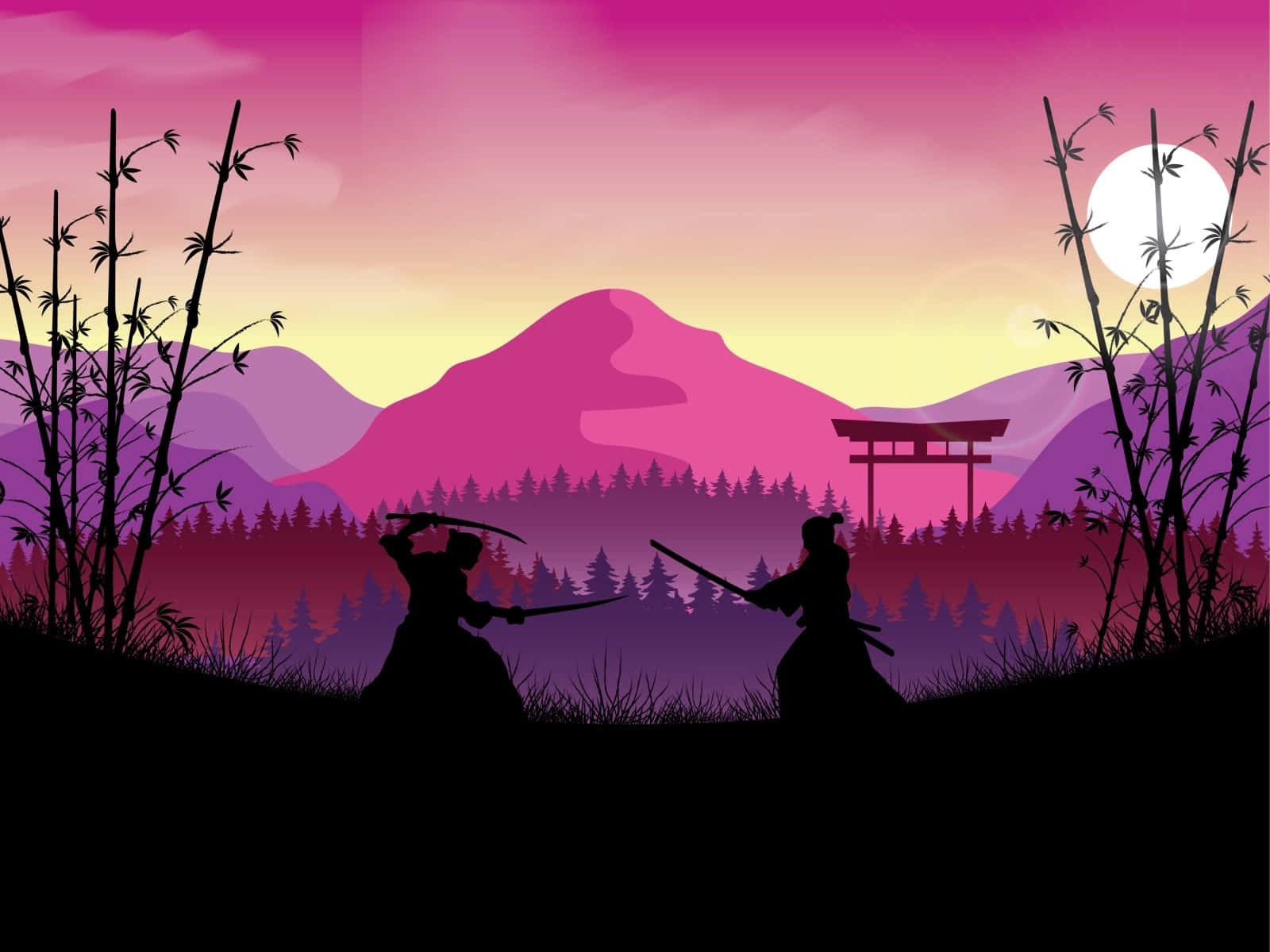 samurai landscape, silhouette, vibrant pink purple sunset, HD Desktop Wallpaper