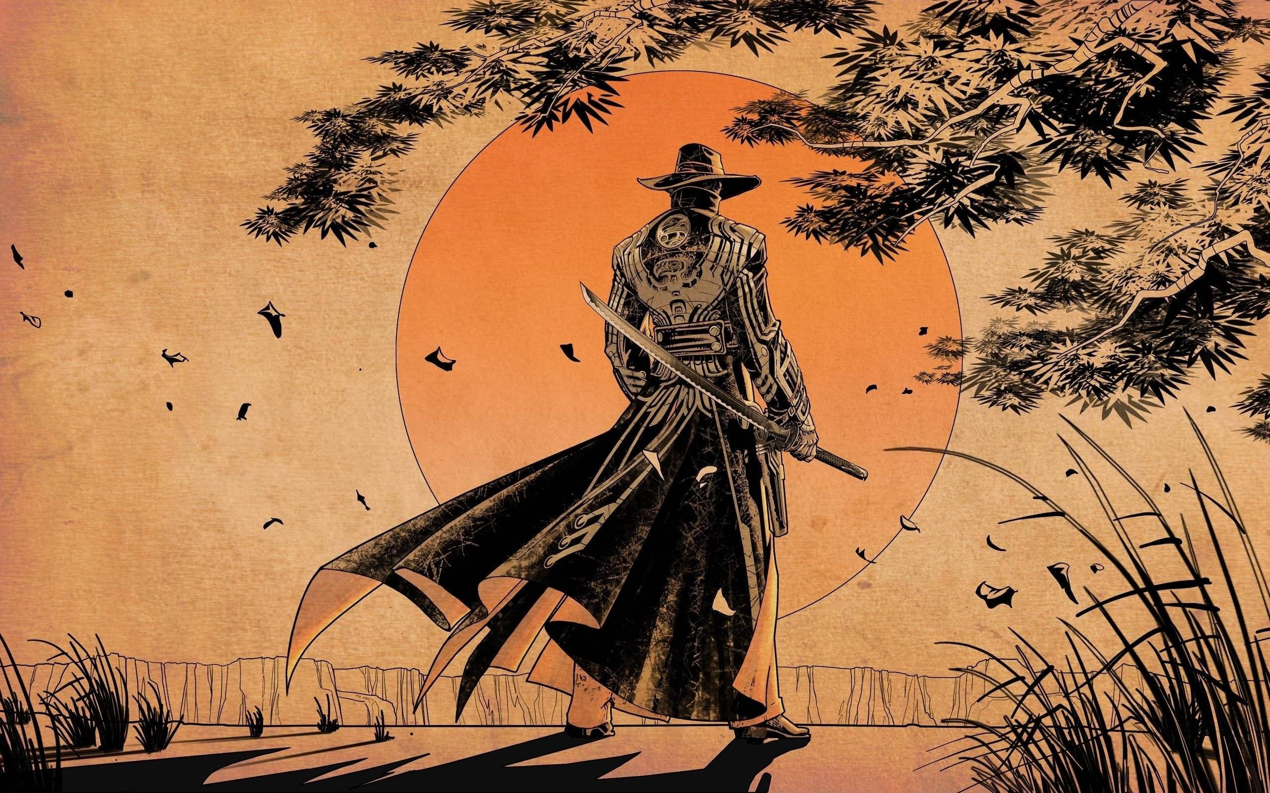 anime samurai, lone samurai, glowing orange sun, 2K Desktop Wallpaper