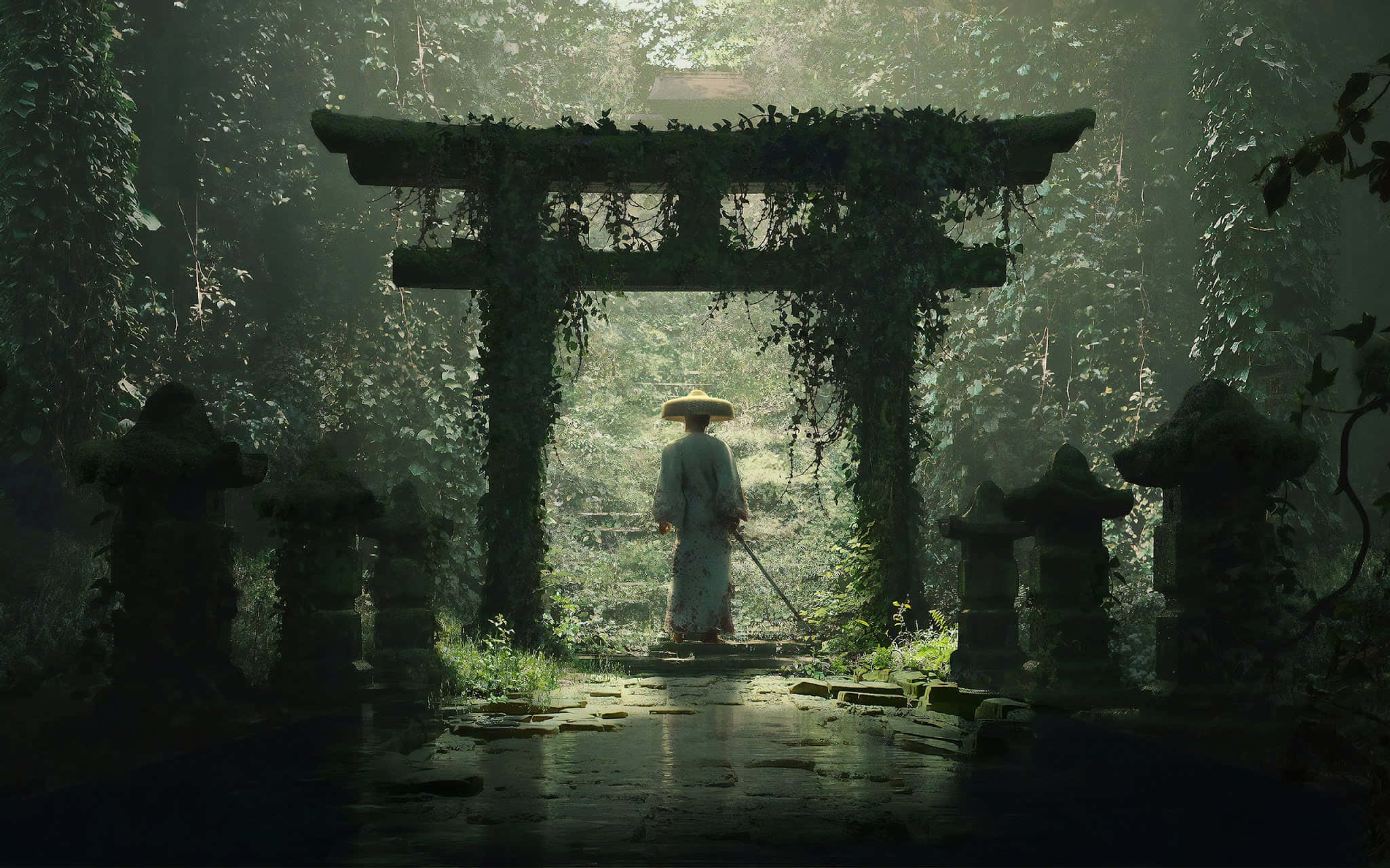 samurai garden, torii gate, mossy, Full HD Desktop Wallpaper
