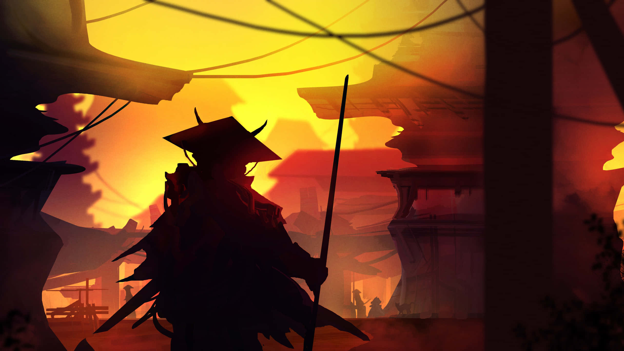 samurai landscape, samurai warrior, staff, 2K Desktop Wallpaper