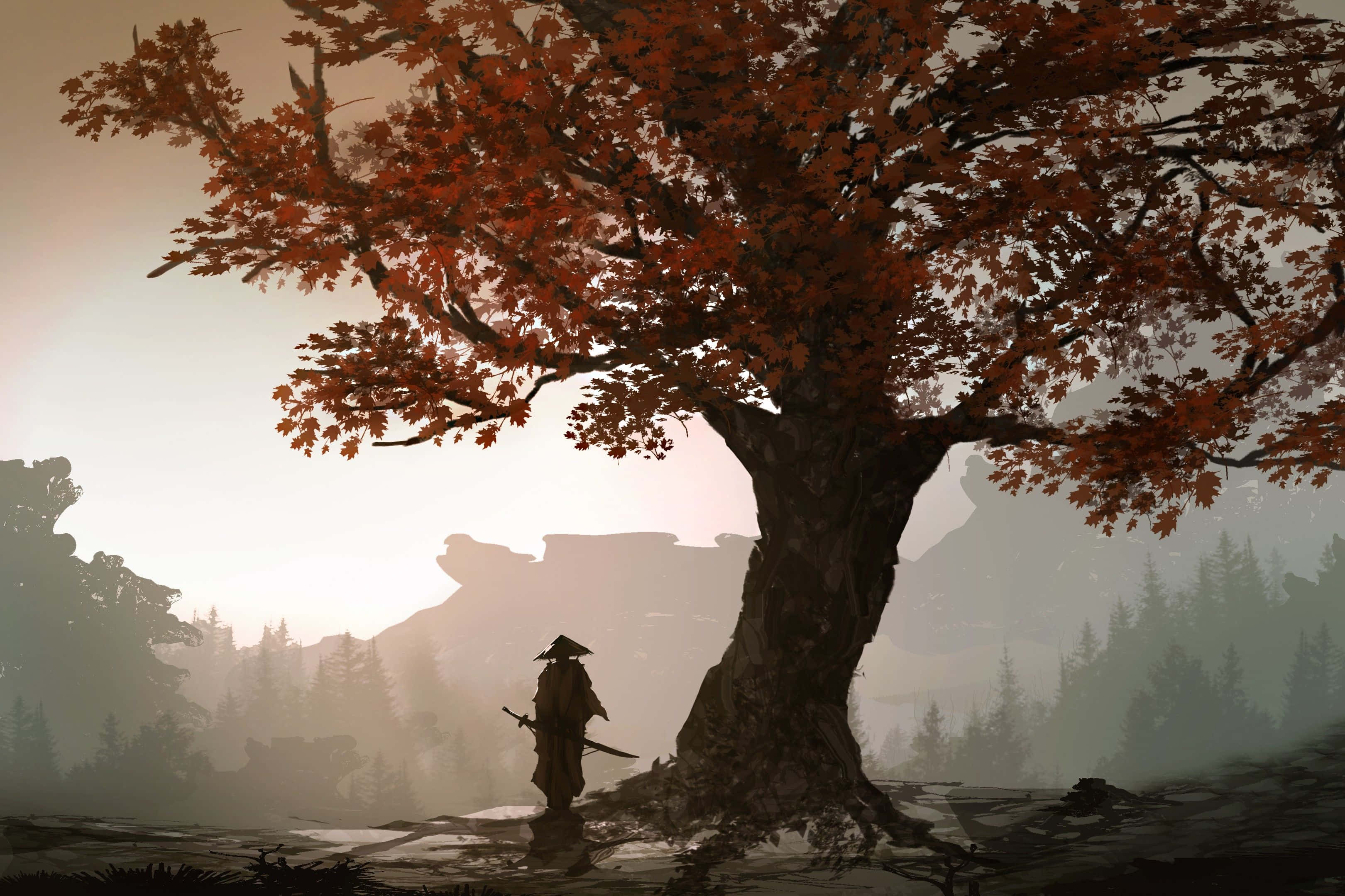 samurai landscape, massive maple tree, fiery red leaves, 2K Desktop Wallpaper