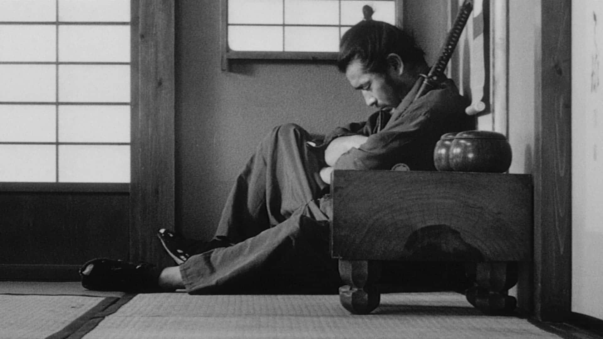 samurai, traditional robes, wooden stool, Full HD Desktop Wallpaper