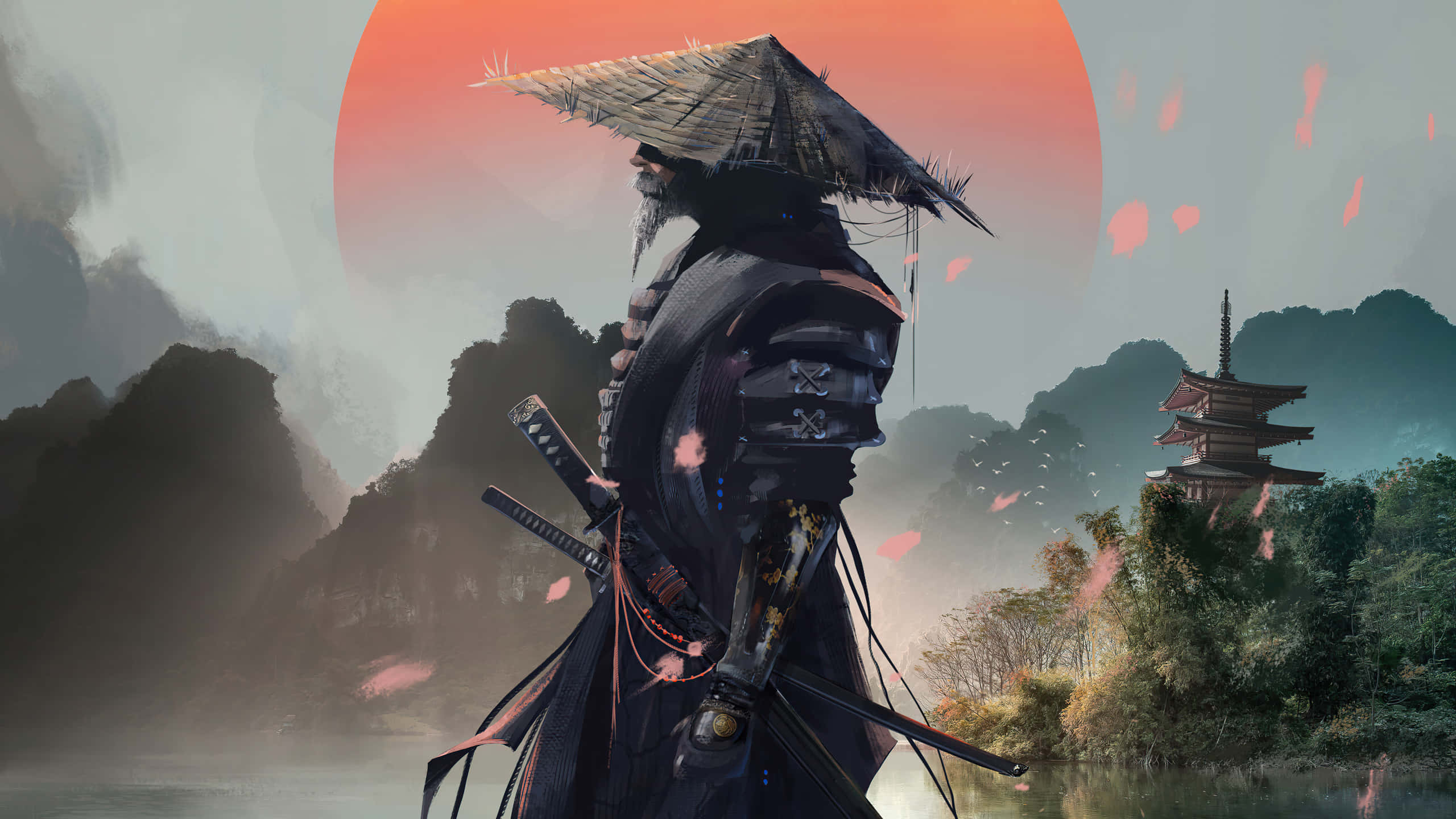 samurai movies, cherry blossoms, orange sun, 2K Desktop Wallpaper