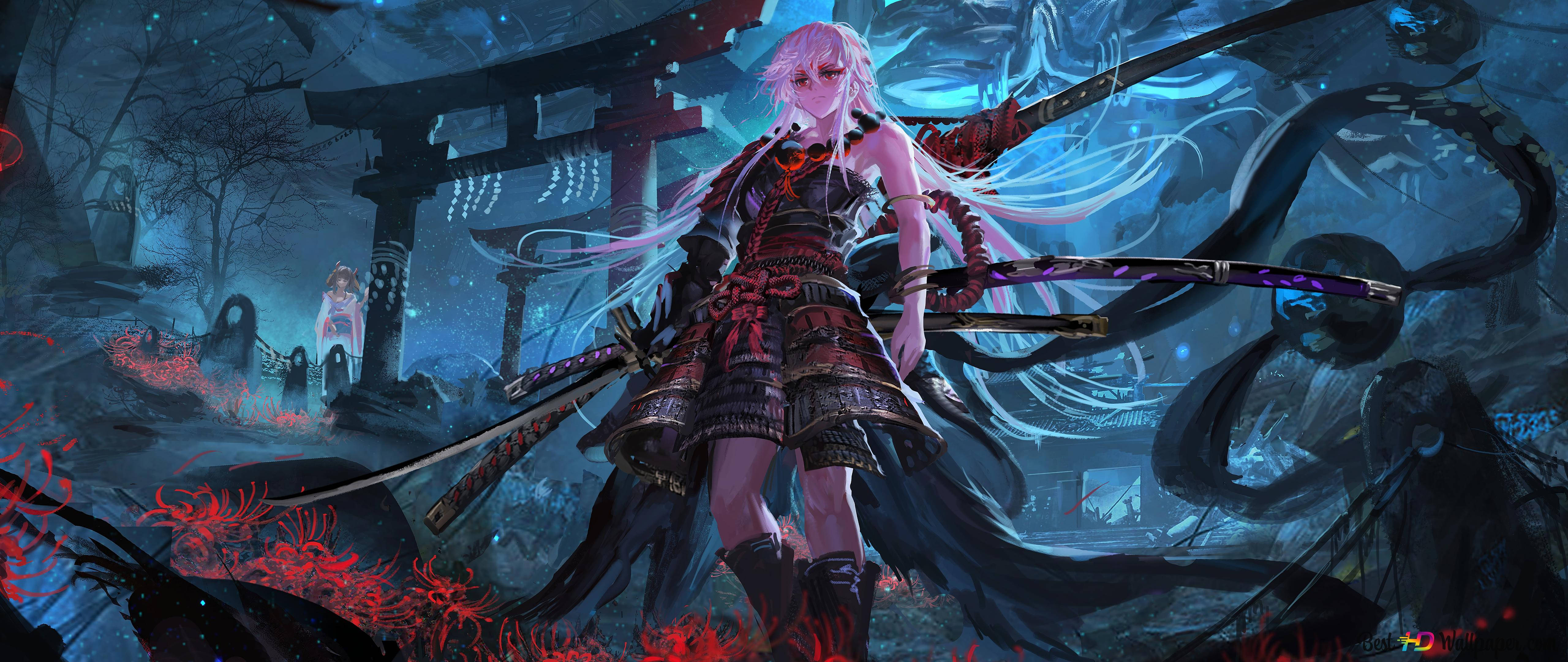 pink-haired warrior, red armor, haunted Japanese shrine, 5K Desktop Wallpaper