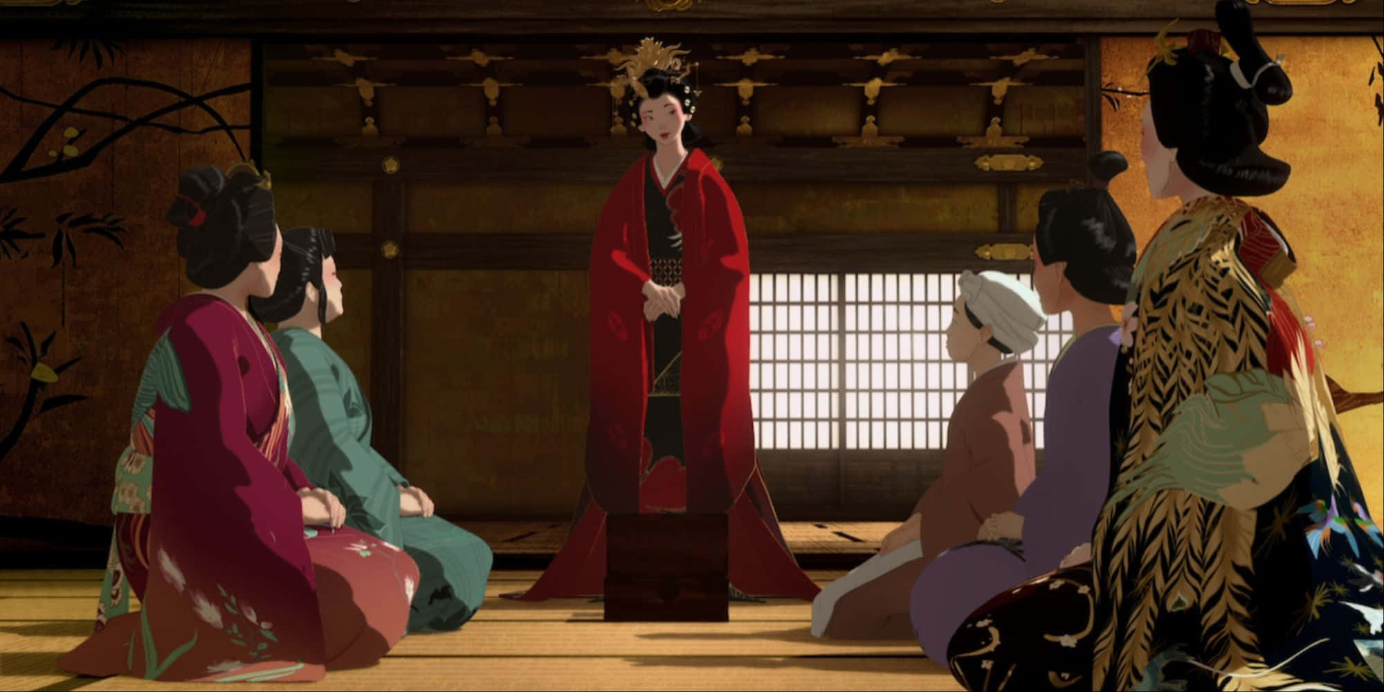 red kimono, traditional wooden Japanese hall, courtiers, Full HD Desktop Wallpaper