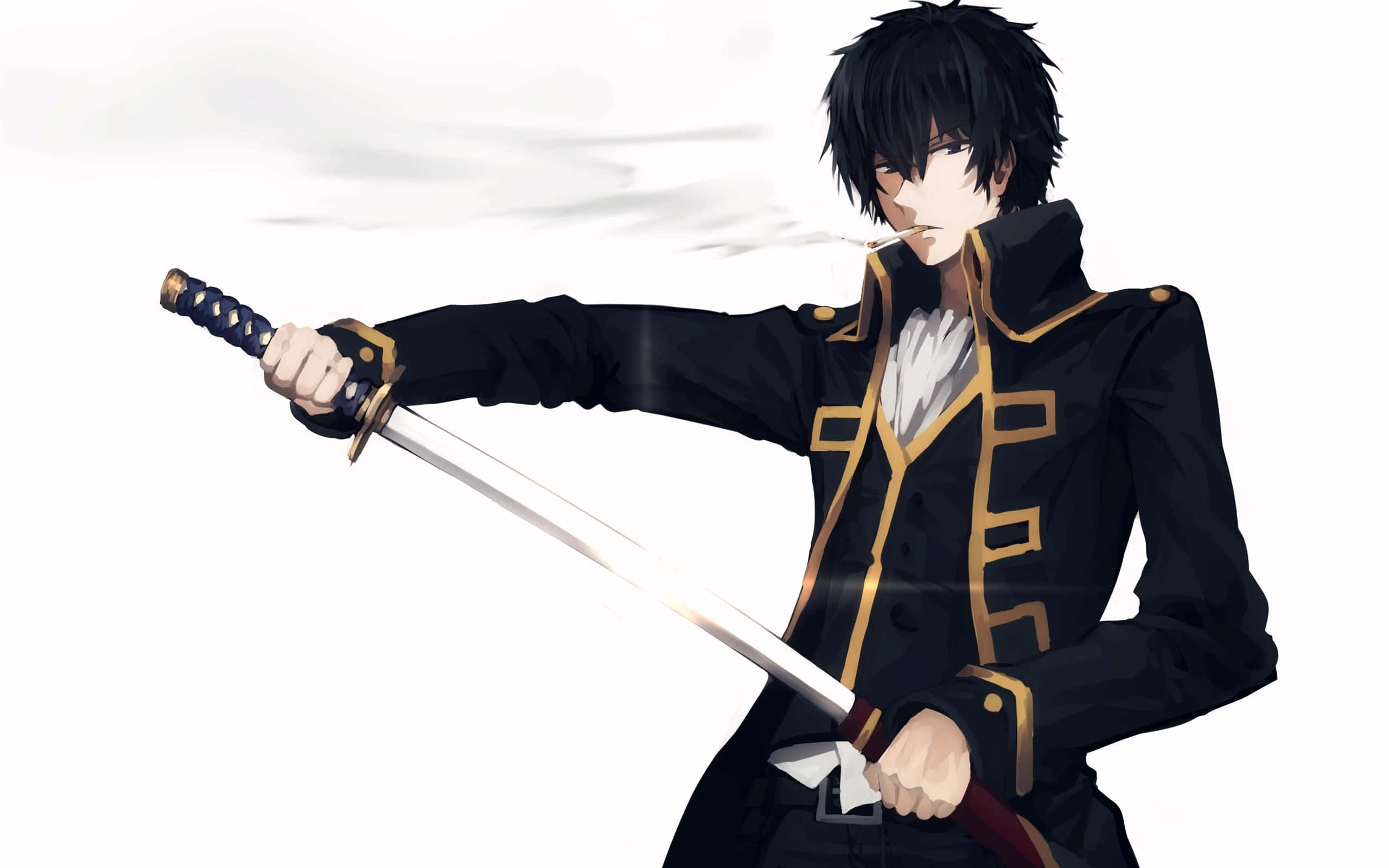 Samurai Sword, black-haired anime warrior, black and gold uniform, 2K Desktop Wallpaper